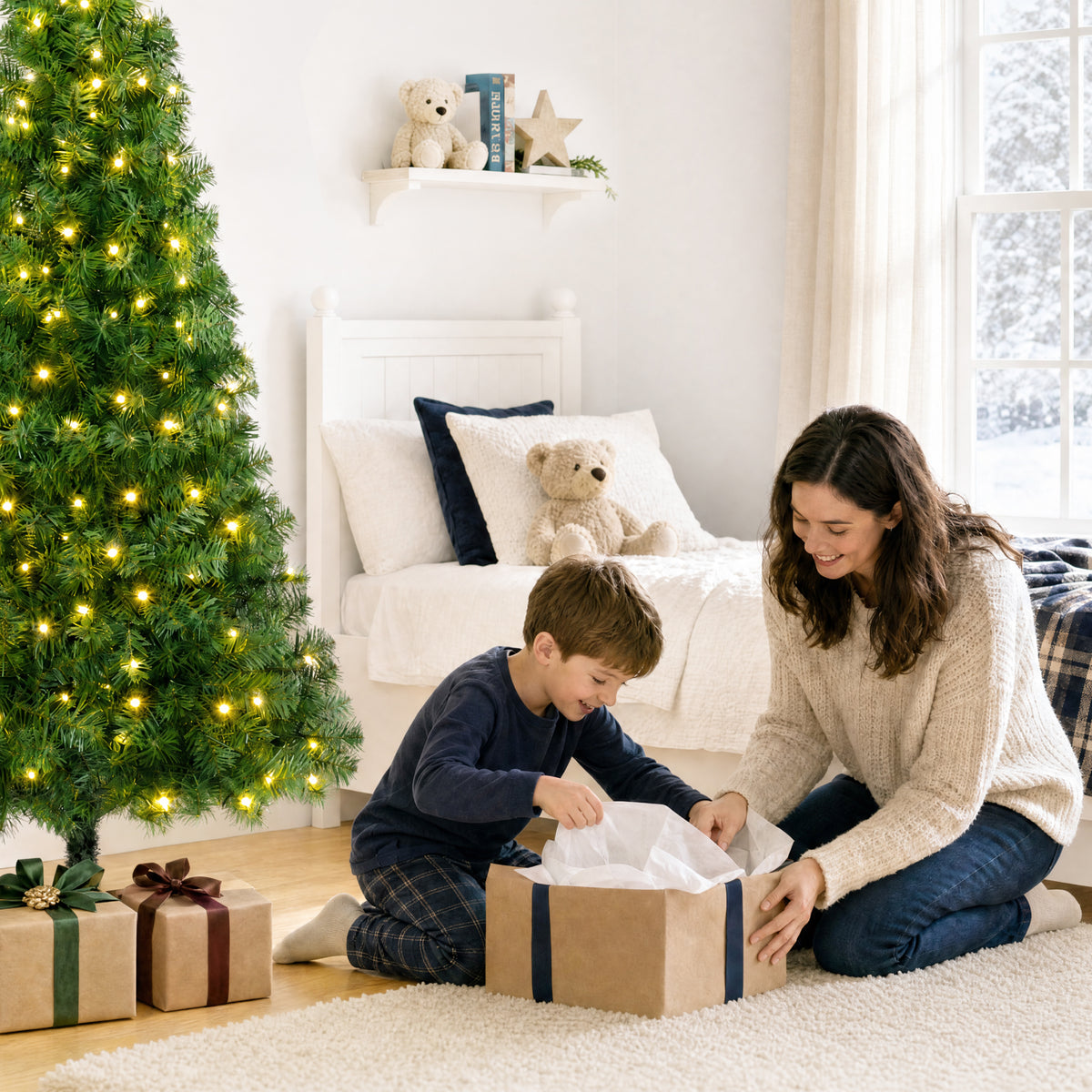 Artificial Christmas Tree, Slim Pre-lit Spruce Realistic w/ Base