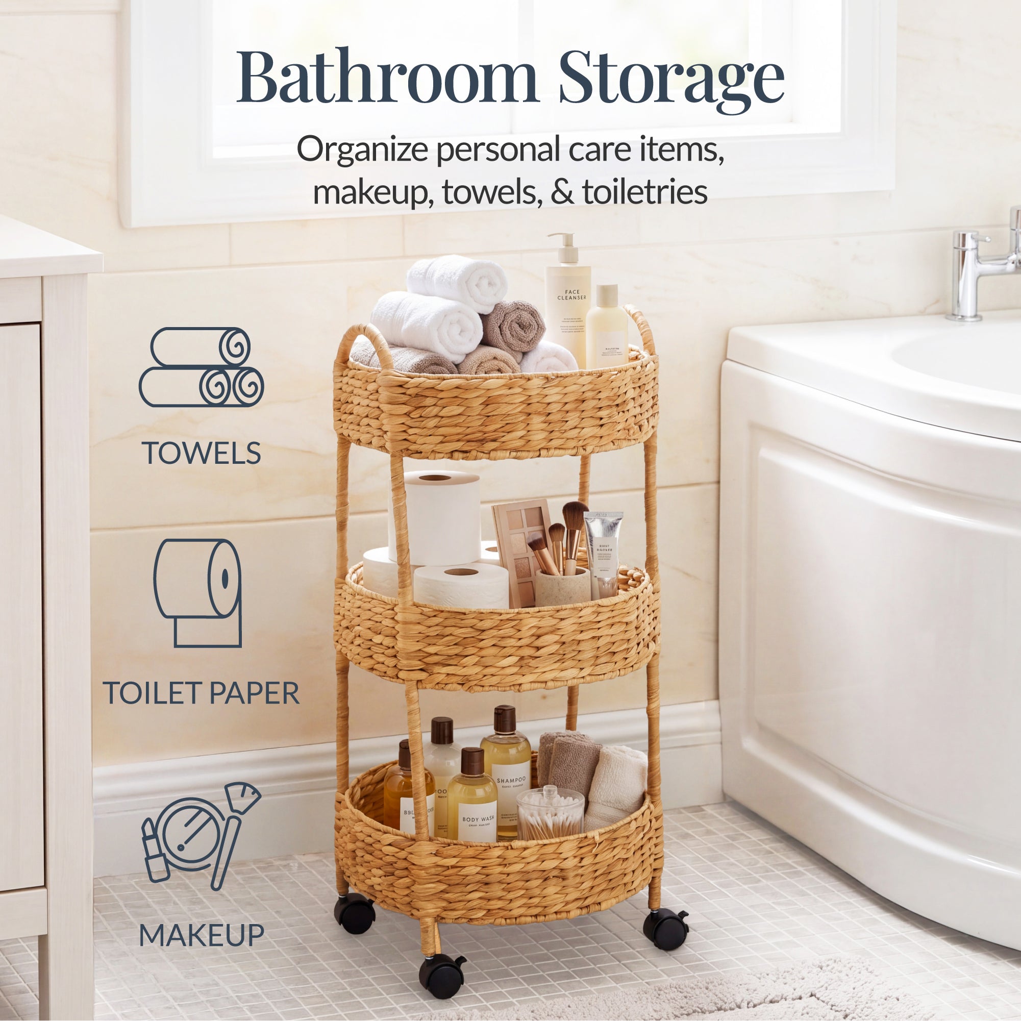 3-Tier Round Rolling Nursery Caddy w/Wheels, Handwoven Utility Cart