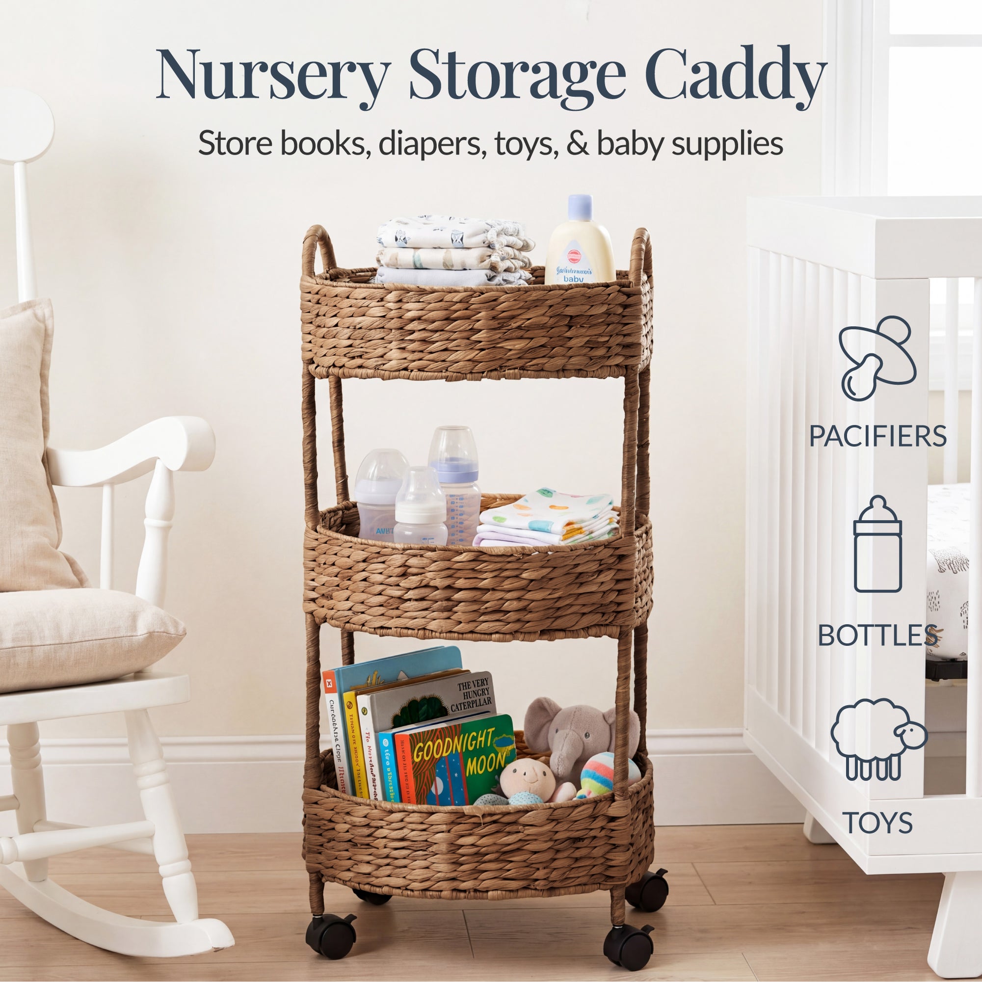 3-Tier Round Rolling Nursery Caddy w/Wheels, Handwoven Utility Cart