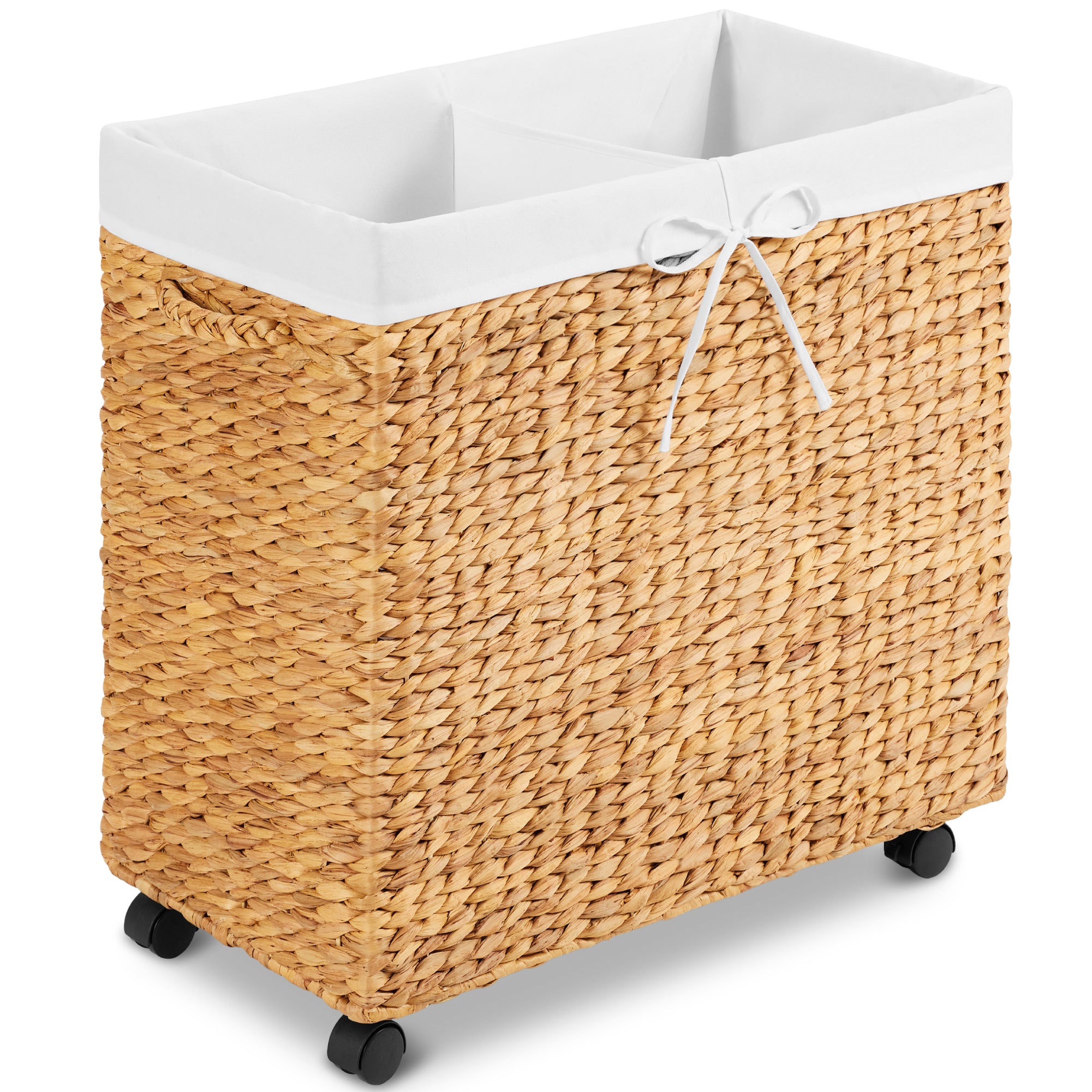 Large Double Laundry Hamper W/Wheels, Woven Laundry Basket, W/Liner, 32 Gal