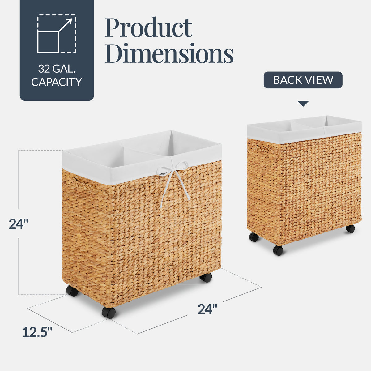 Large Double Laundry Hamper W/Wheels, Woven Laundry Basket, W/Liner, 32 Gal