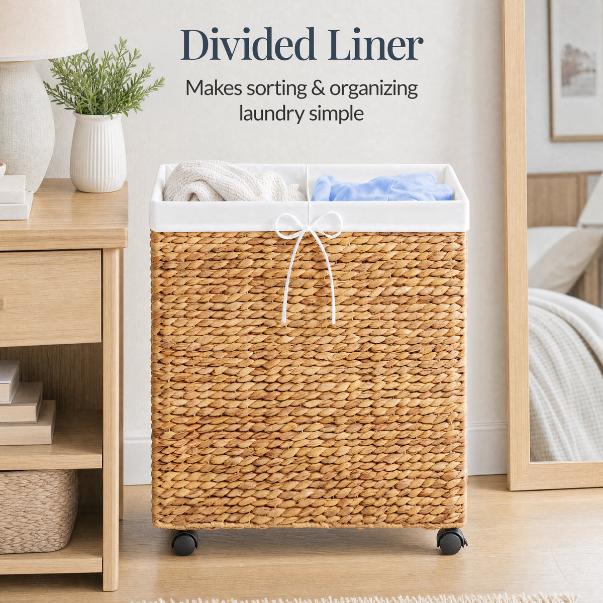 Large Double Laundry Hamper W/Wheels, Woven Laundry Basket, W/Liner, 32 Gal
