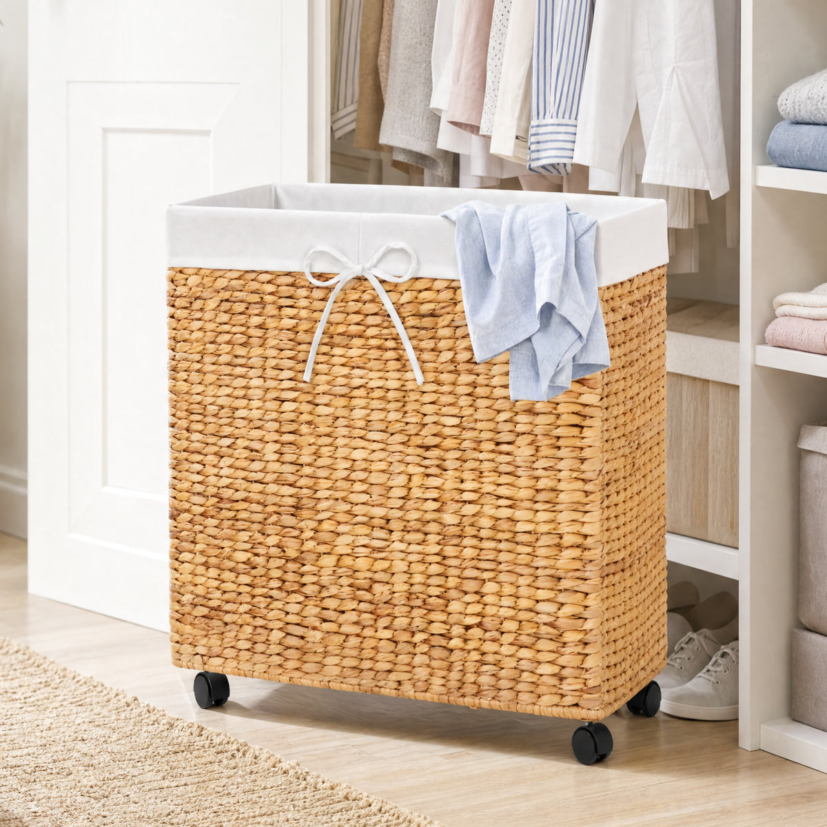 Large Double Laundry Hamper W/Wheels, Woven Laundry Basket, W/Liner, 32 Gal