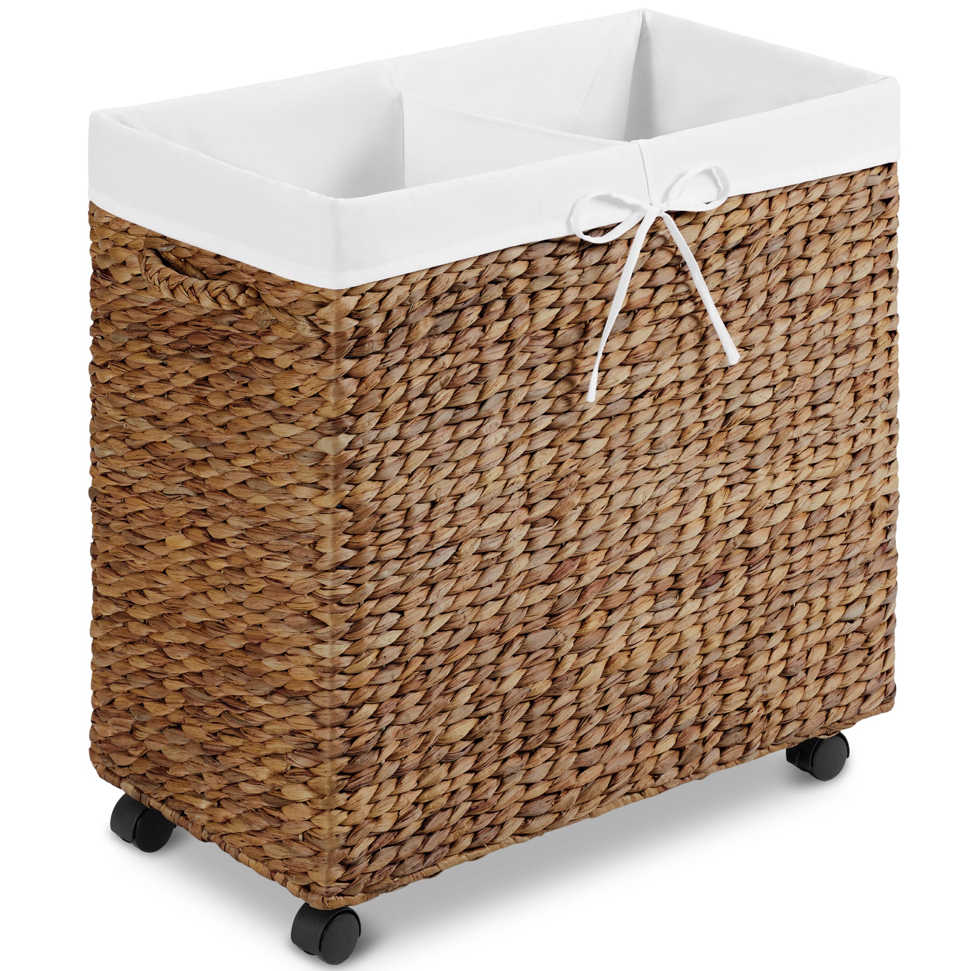 Large Double Laundry Hamper W/Wheels, Woven Laundry Basket, W/Liner, 32 Gal