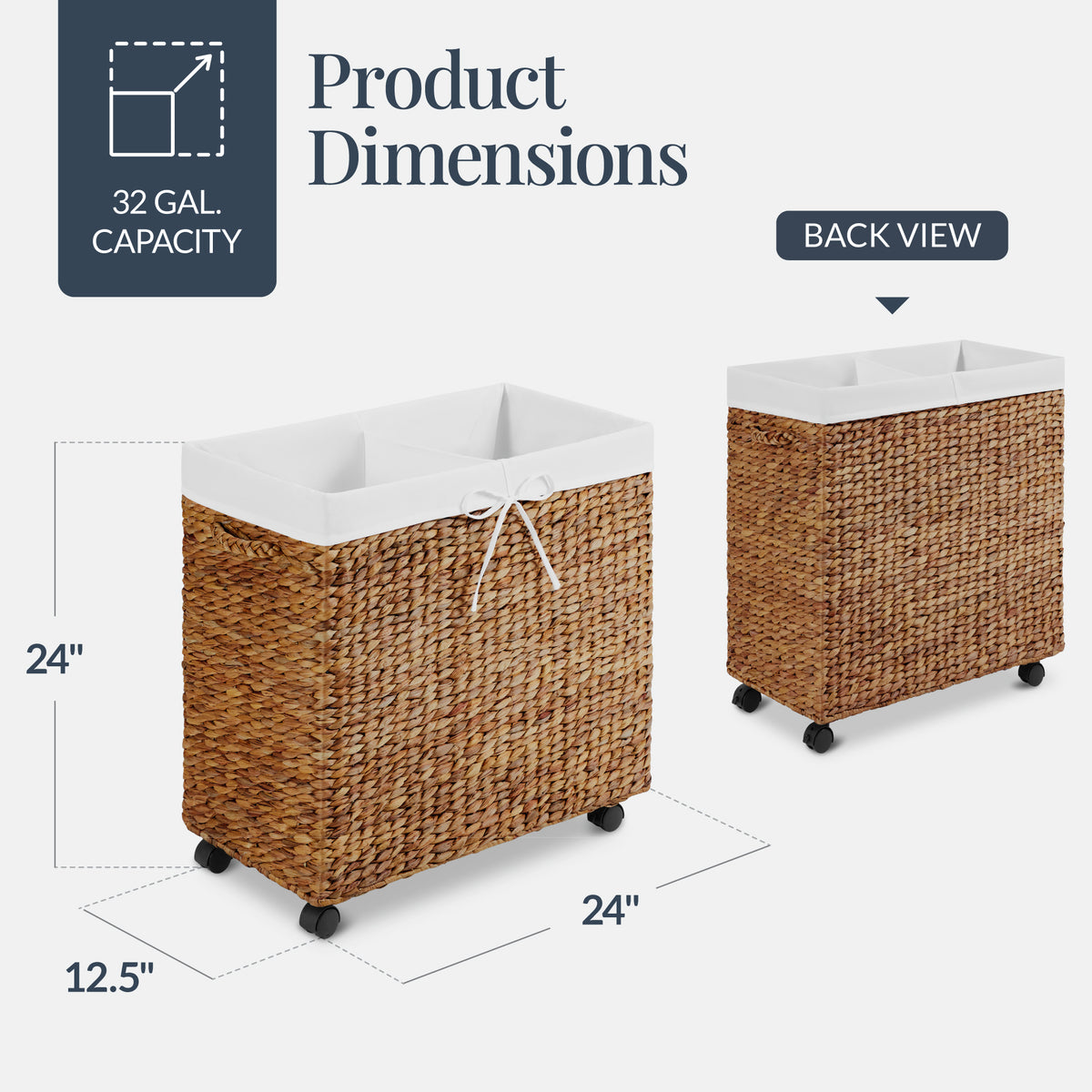 Large Double Laundry Hamper W/Wheels, Woven Laundry Basket, W/Liner, 32 Gal