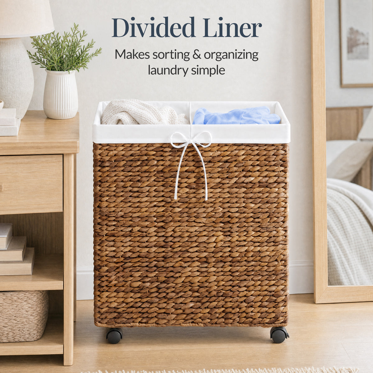 Large Double Laundry Hamper W/Wheels, Woven Laundry Basket, W/Liner, 32 Gal