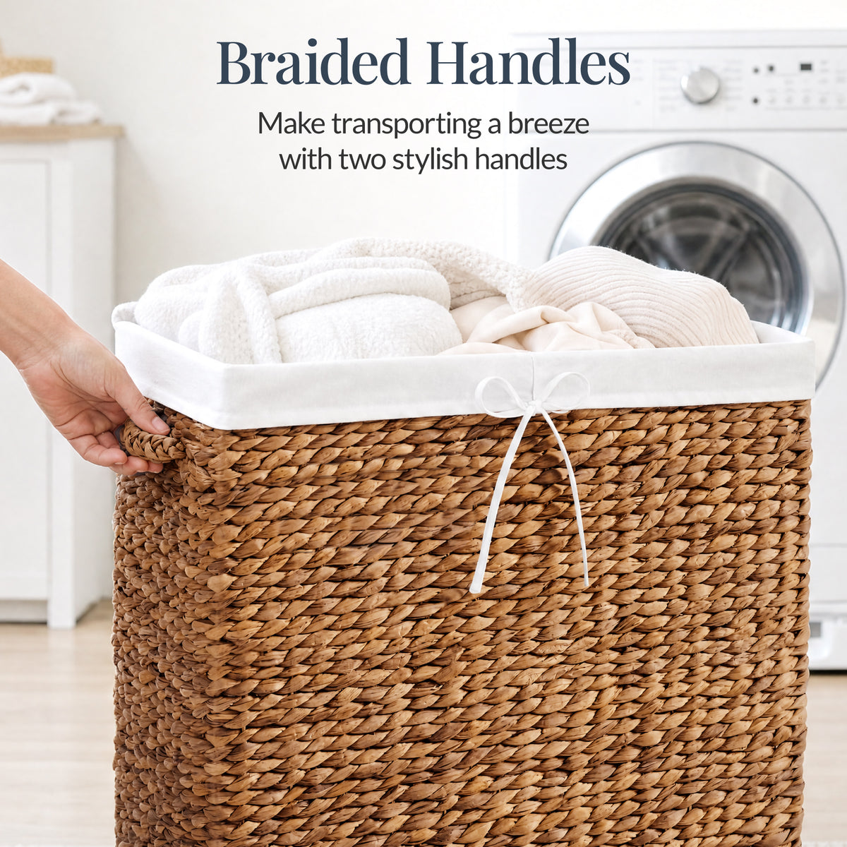 Large Double Laundry Hamper W/Wheels, Woven Laundry Basket, W/Liner, 32 Gal
