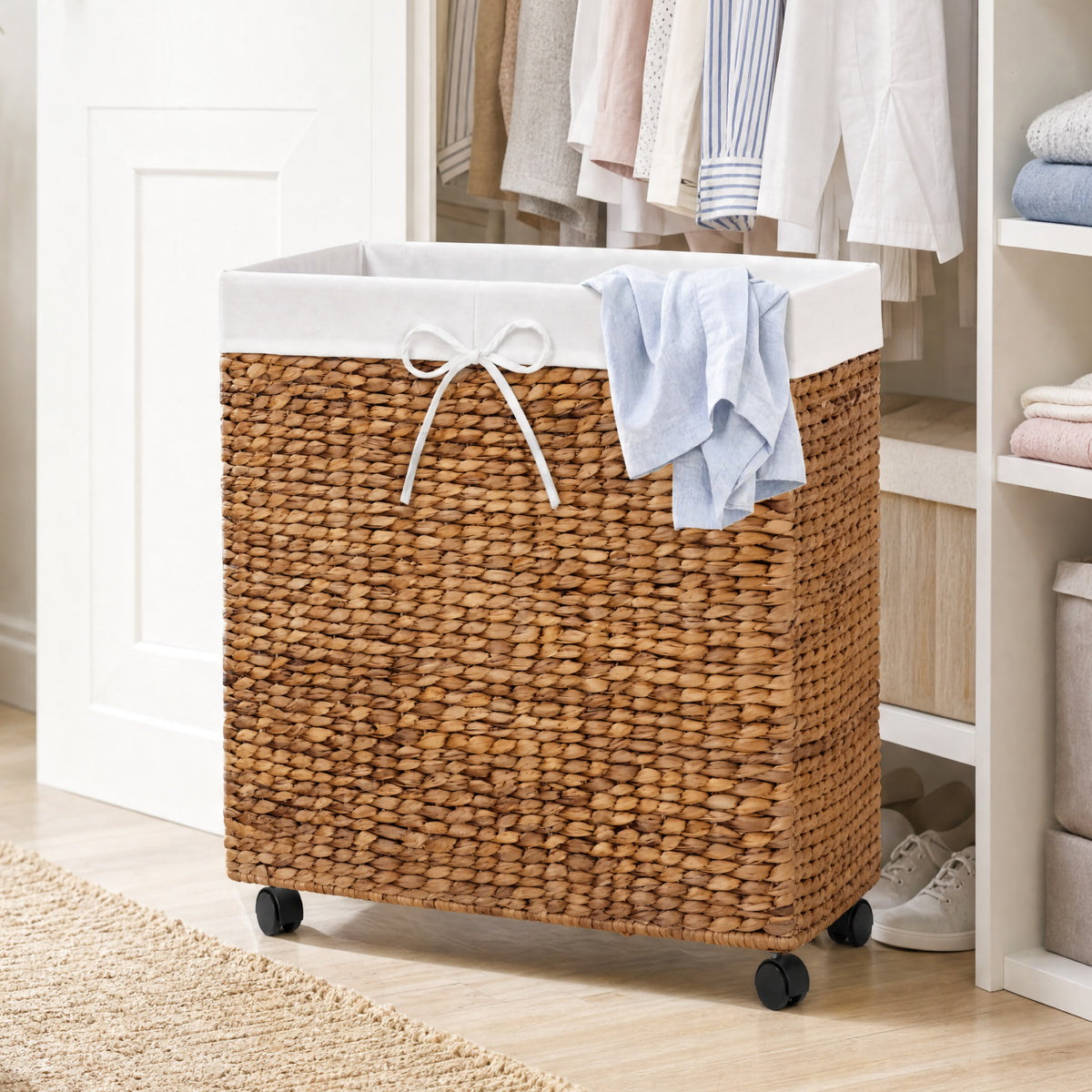Large Double Laundry Hamper W/Wheels, Woven Laundry Basket, W/Liner, 32 Gal