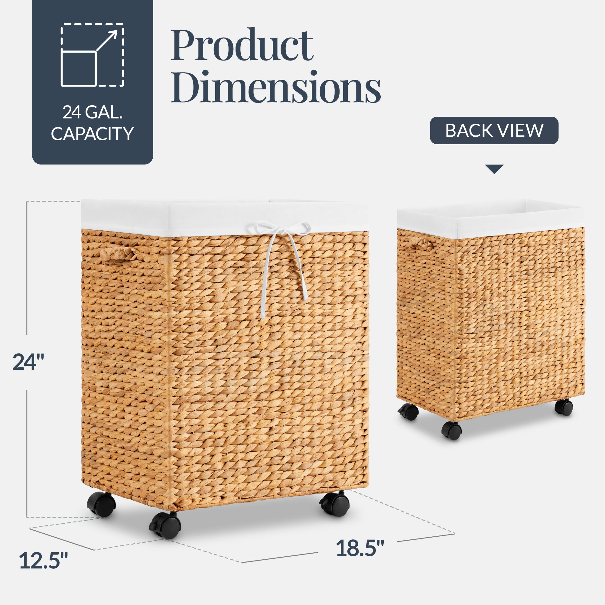 Medium Laundry Hamper W/ Wheels, Woven Laundry Basket, W/ Liner, 24 Gallon