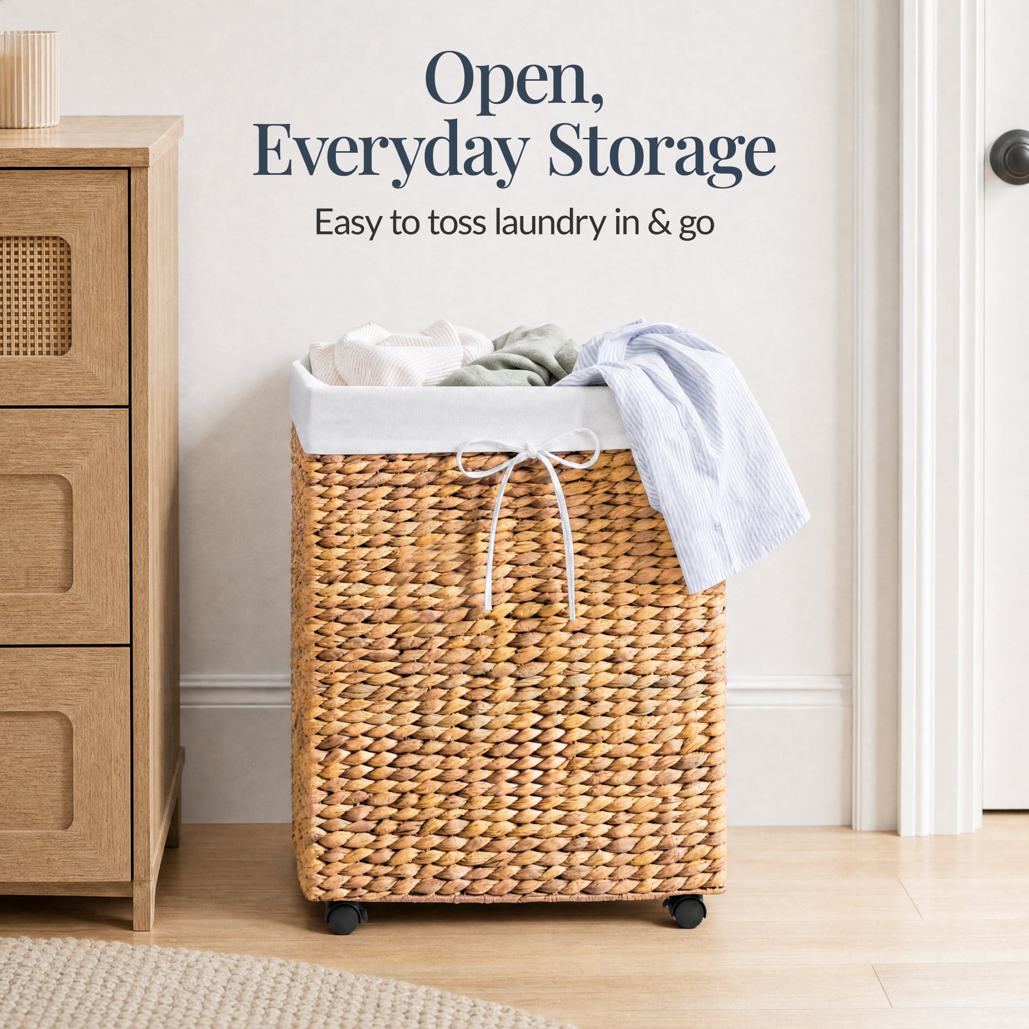 Medium Laundry Hamper W/ Wheels, Woven Laundry Basket, W/ Liner, 24 Gallon