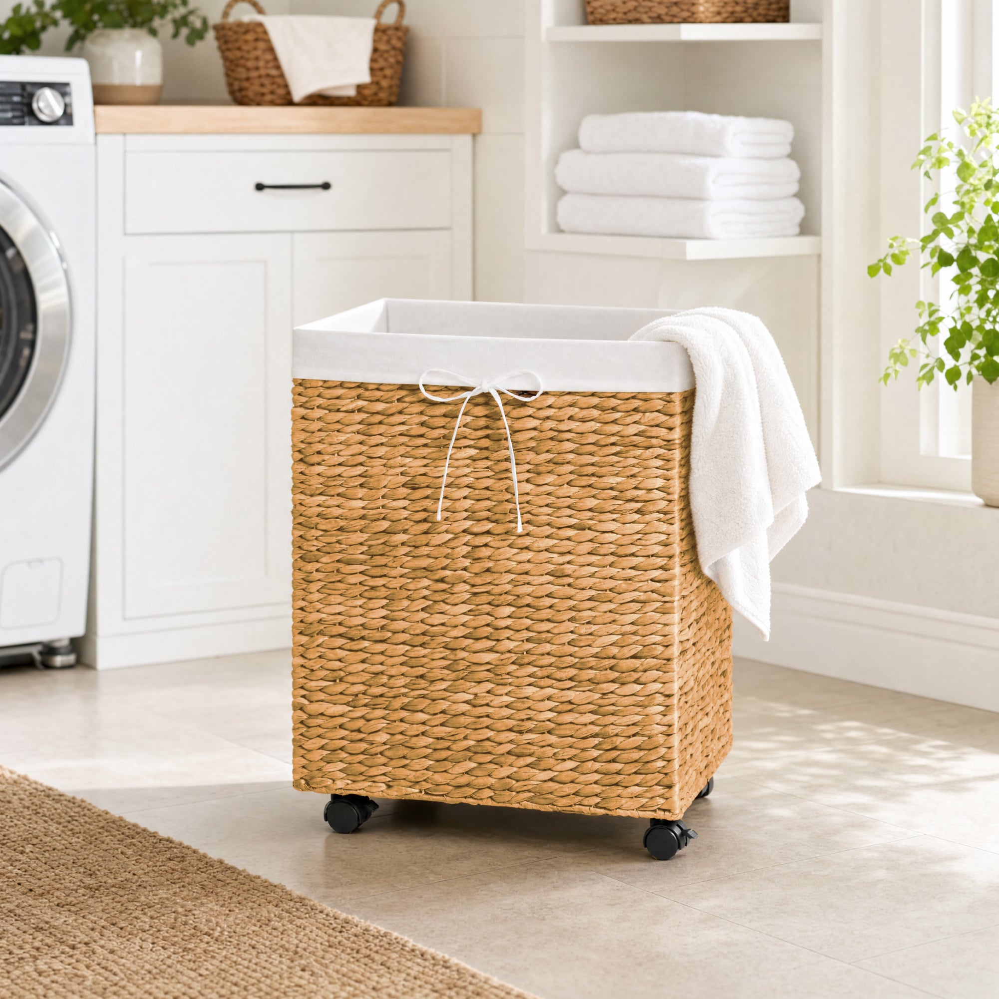 Medium Laundry Hamper W/ Wheels, Woven Laundry Basket, W/ Liner, 24 Gallon