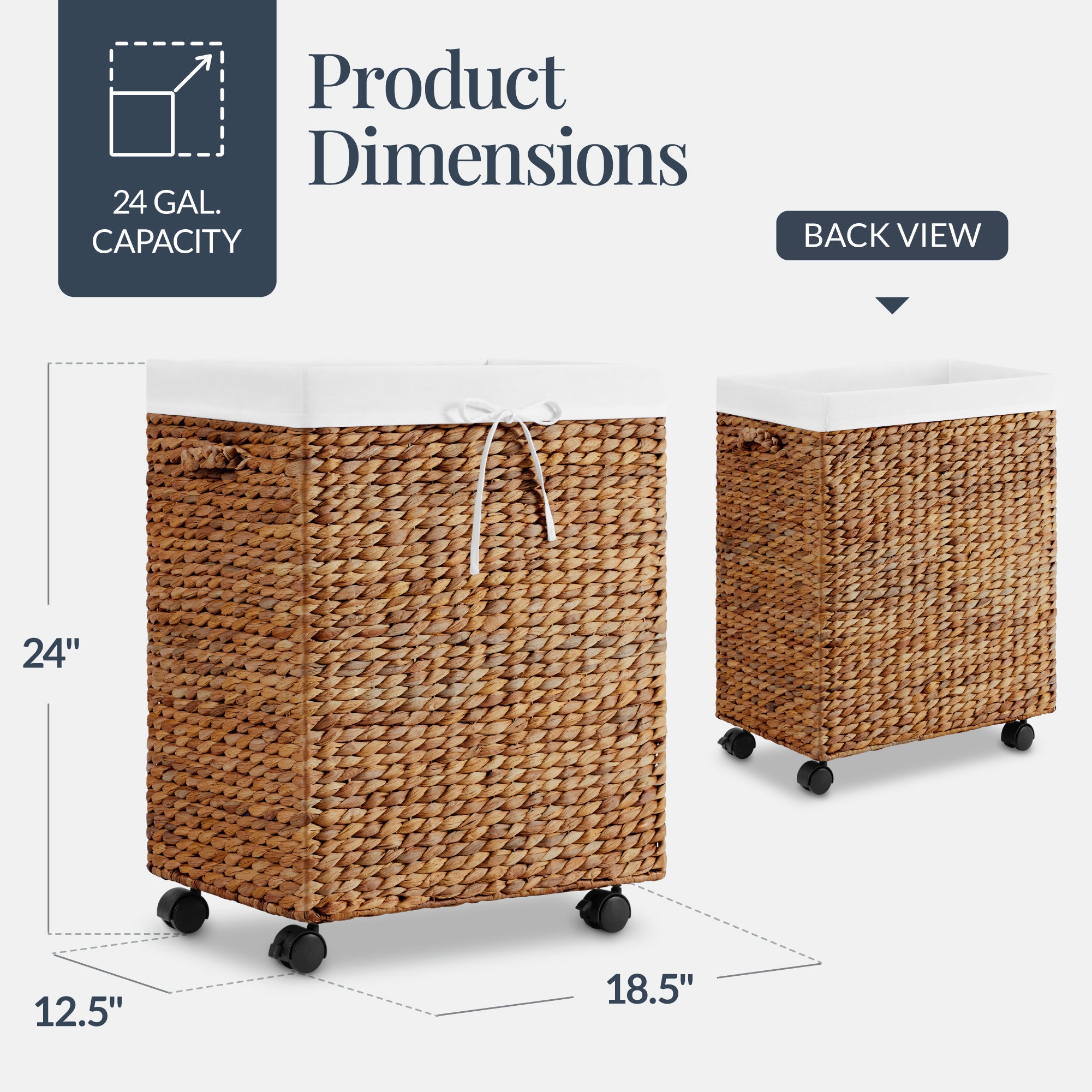 Medium Laundry Hamper W/ Wheels, Woven Laundry Basket, W/ Liner, 24 Gallon