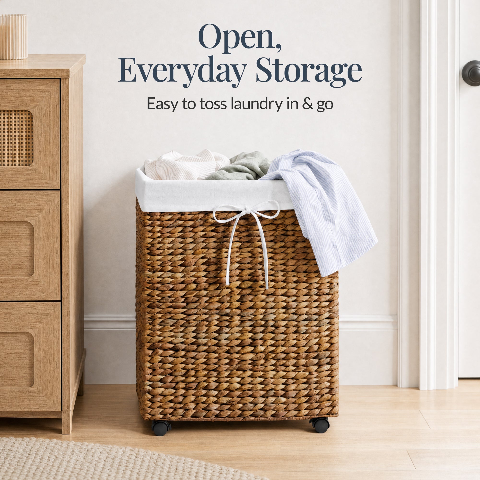 Medium Laundry Hamper W/ Wheels, Woven Laundry Basket, W/ Liner, 24 Gallon
