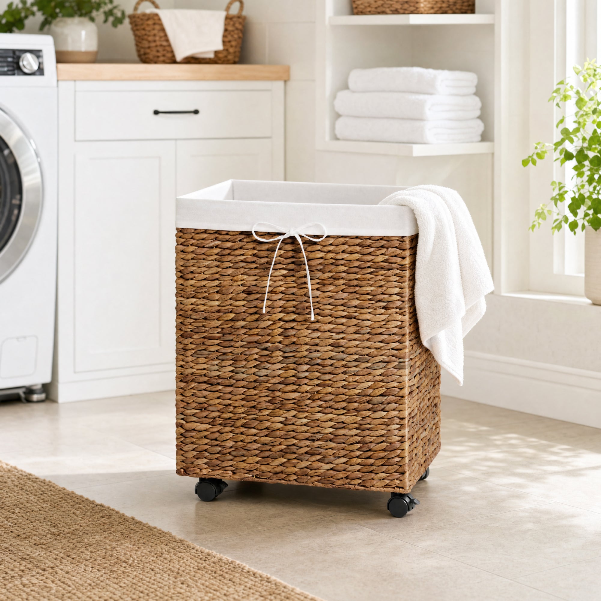 Medium Laundry Hamper W/ Wheels, Woven Laundry Basket, W/ Liner, 24 Gallon