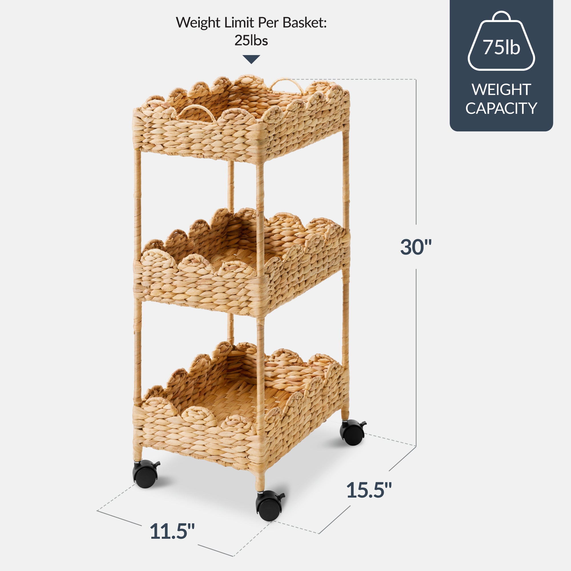 3-Tier Scalloped Rolling Nursery Caddy w/Wheels, Storage Utility Cart