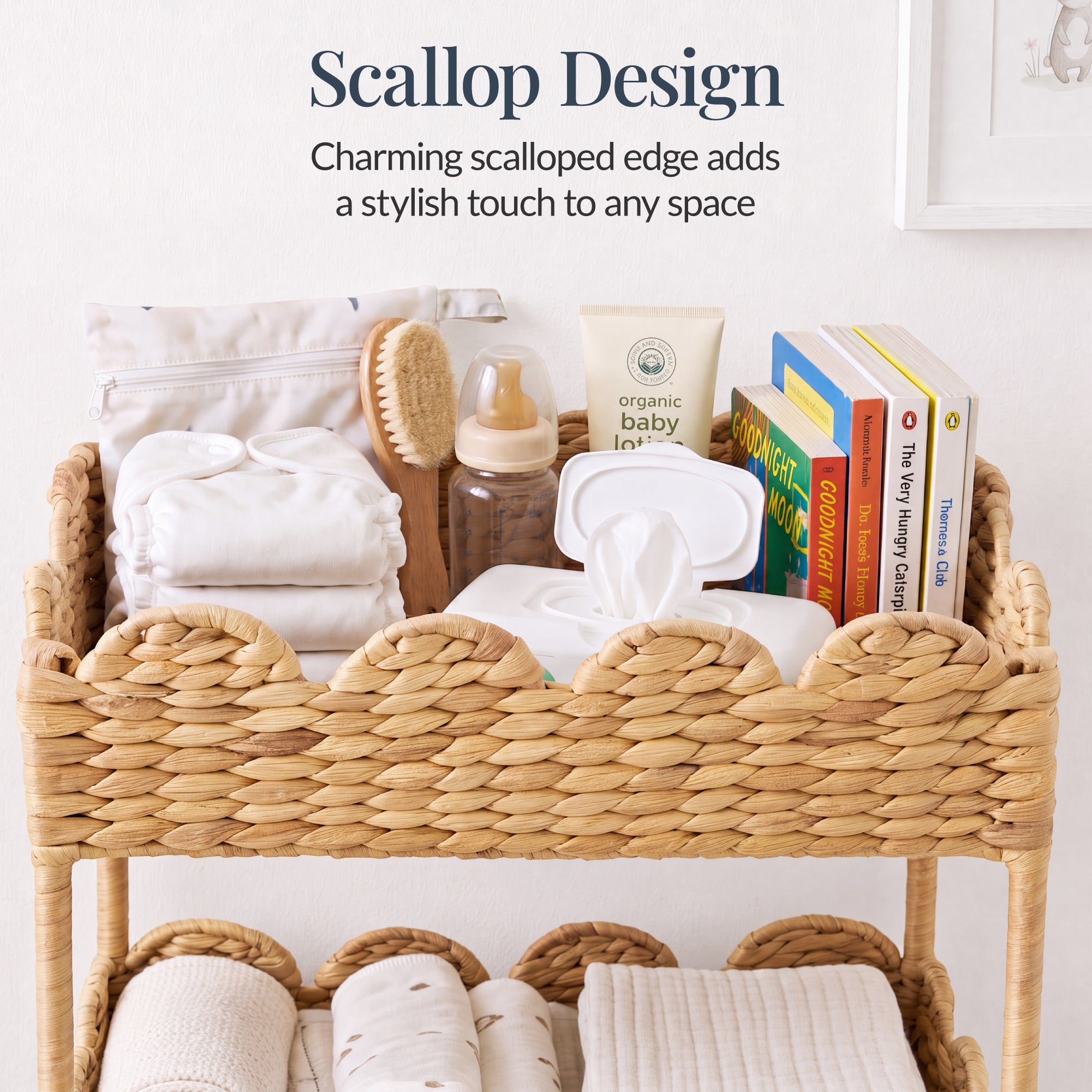 3-Tier Scalloped Rolling Nursery Caddy w/Wheels, Storage Utility Cart