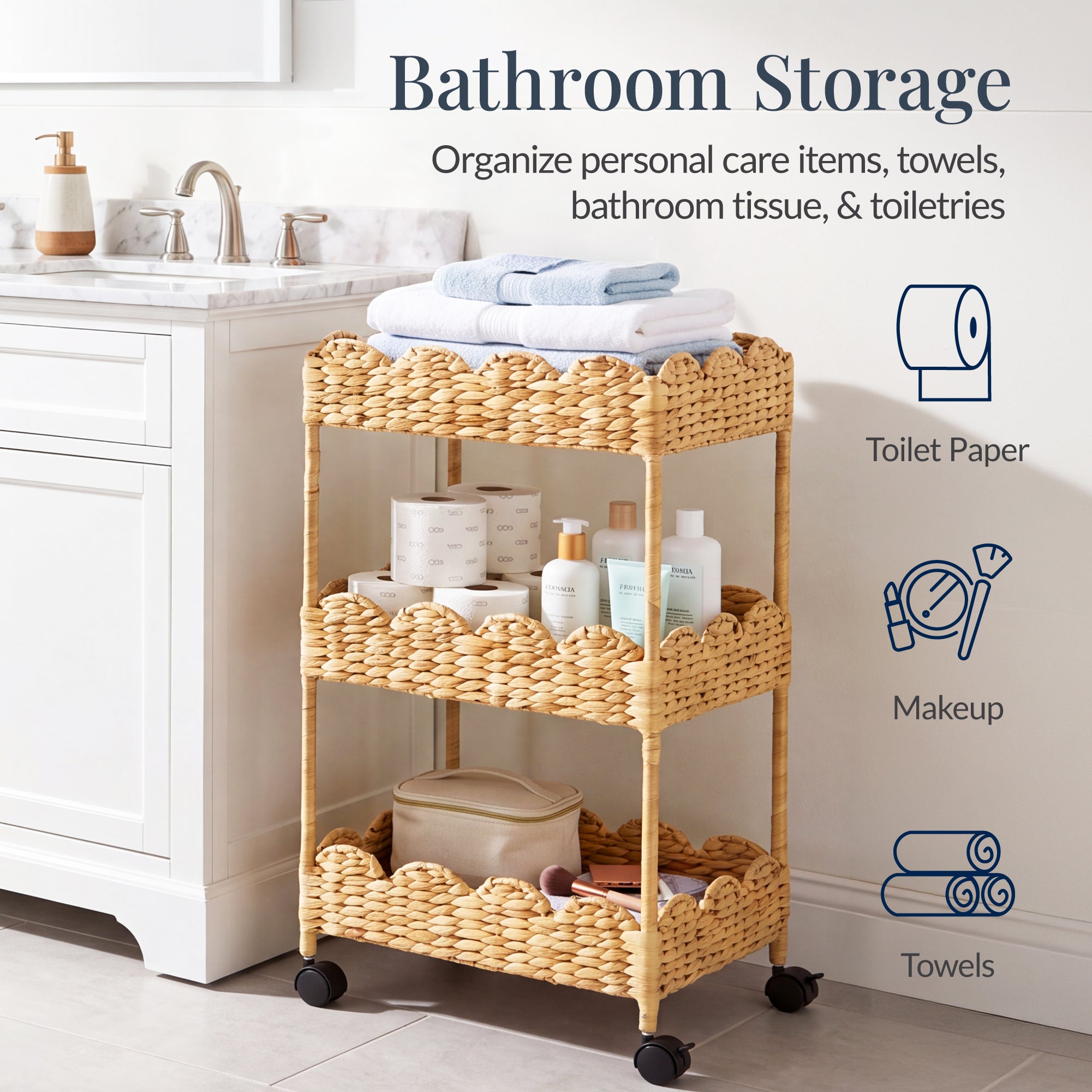 3-Tier Scalloped Rolling Nursery Caddy w/Wheels, Storage Utility Cart