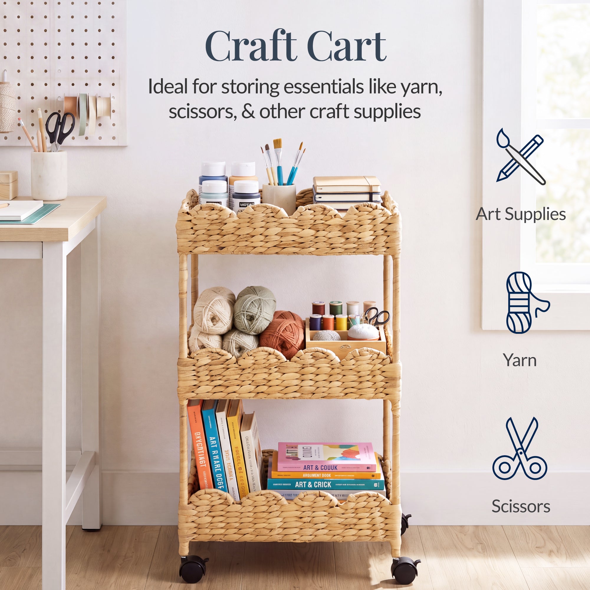 3-Tier Scalloped Rolling Nursery Caddy w/Wheels, Storage Utility Cart