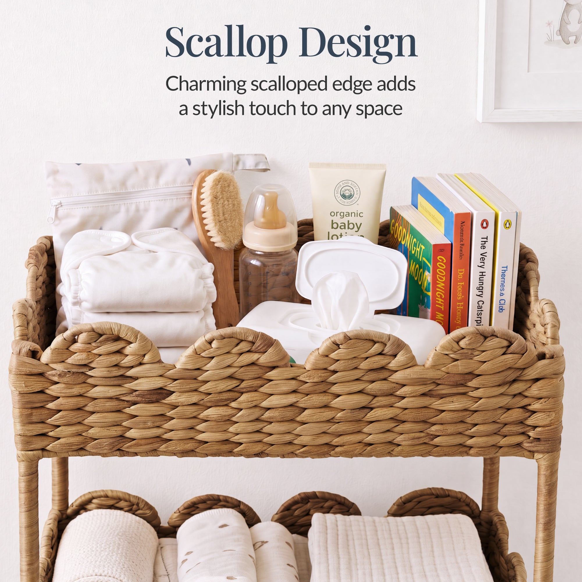 3-Tier Scalloped Rolling Nursery Caddy w/Wheels, Storage Utility Cart