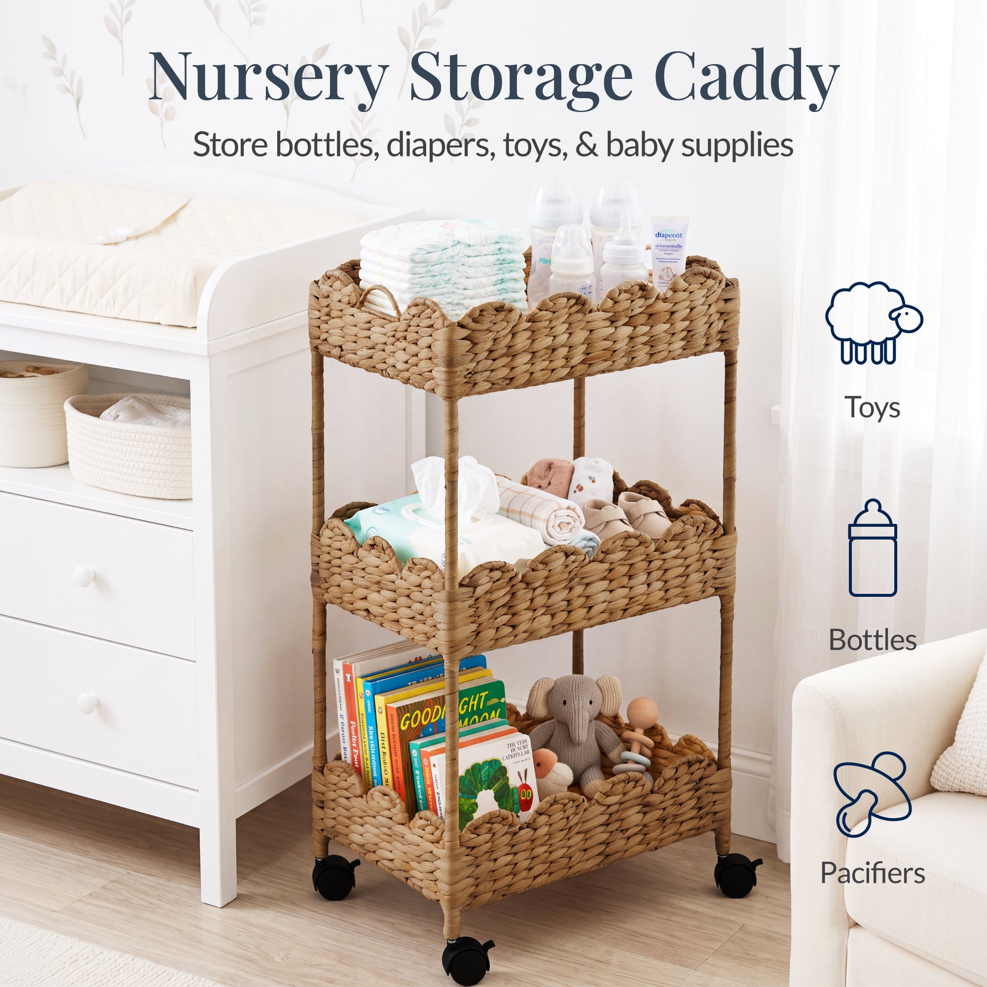 3-Tier Scalloped Rolling Nursery Caddy w/Wheels, Storage Utility Cart
