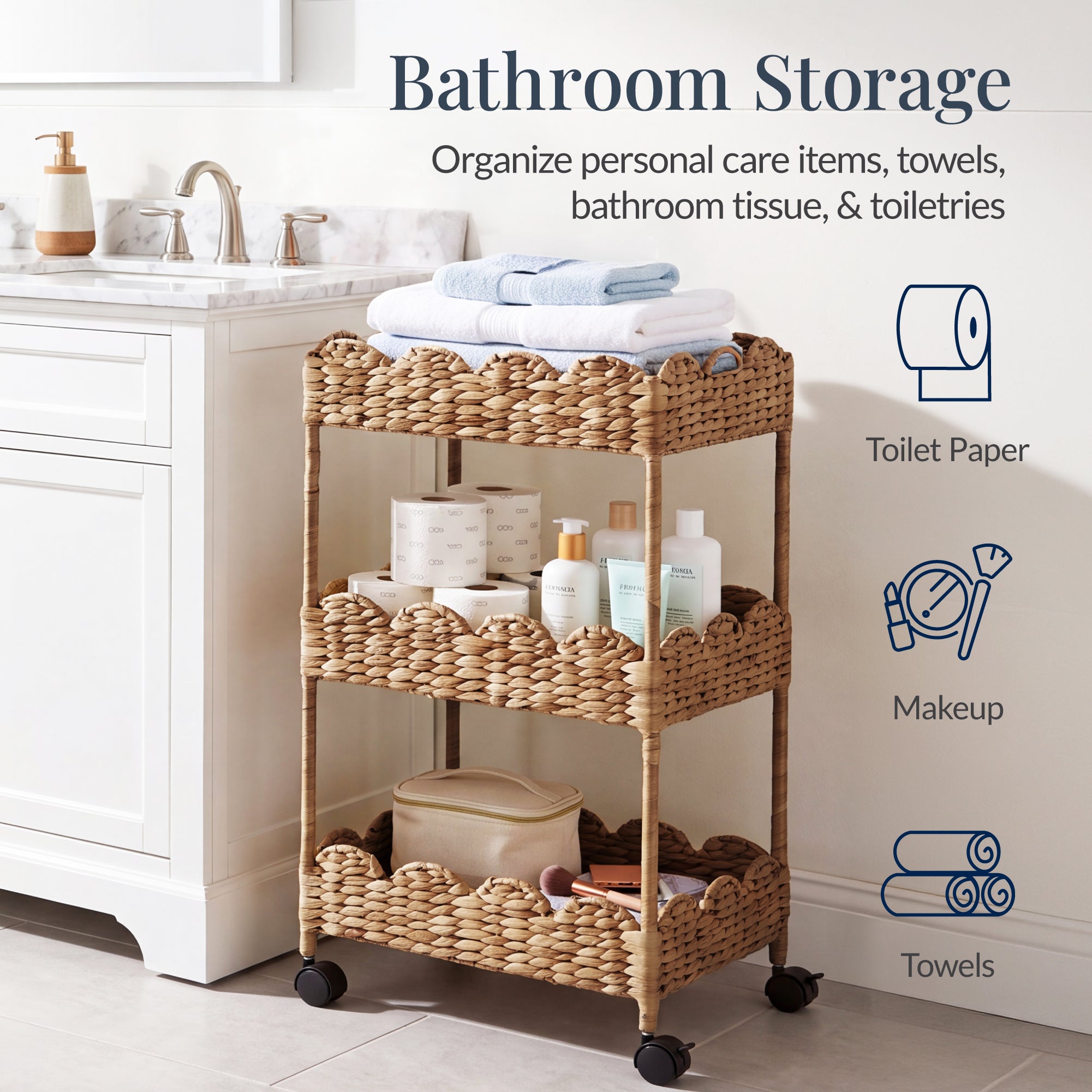 3-Tier Scalloped Rolling Nursery Caddy w/Wheels, Storage Utility Cart