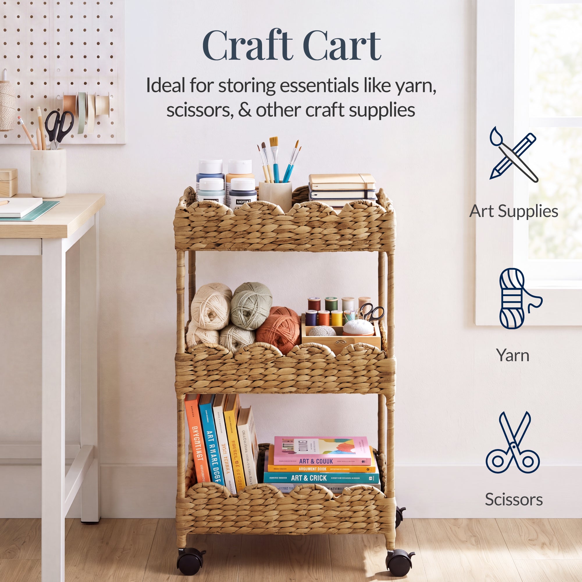 3-Tier Scalloped Rolling Nursery Caddy w/Wheels, Storage Utility Cart