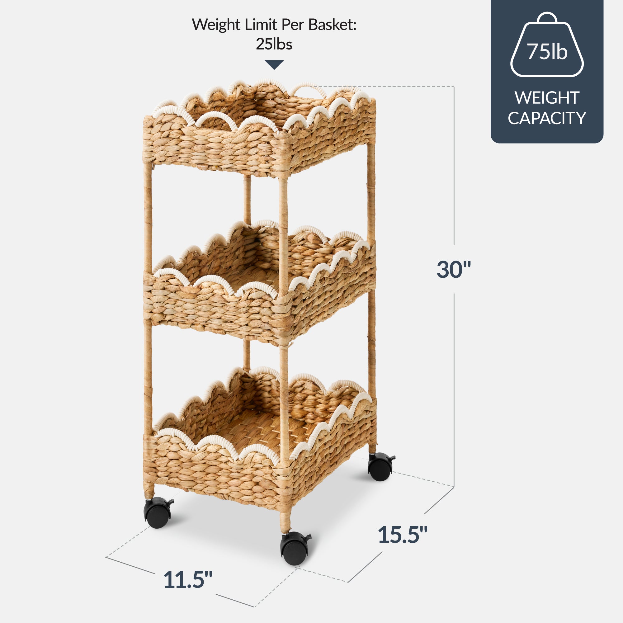 3-Tier Scalloped Rolling Nursery Caddy w/Wheels, Storage Utility Cart