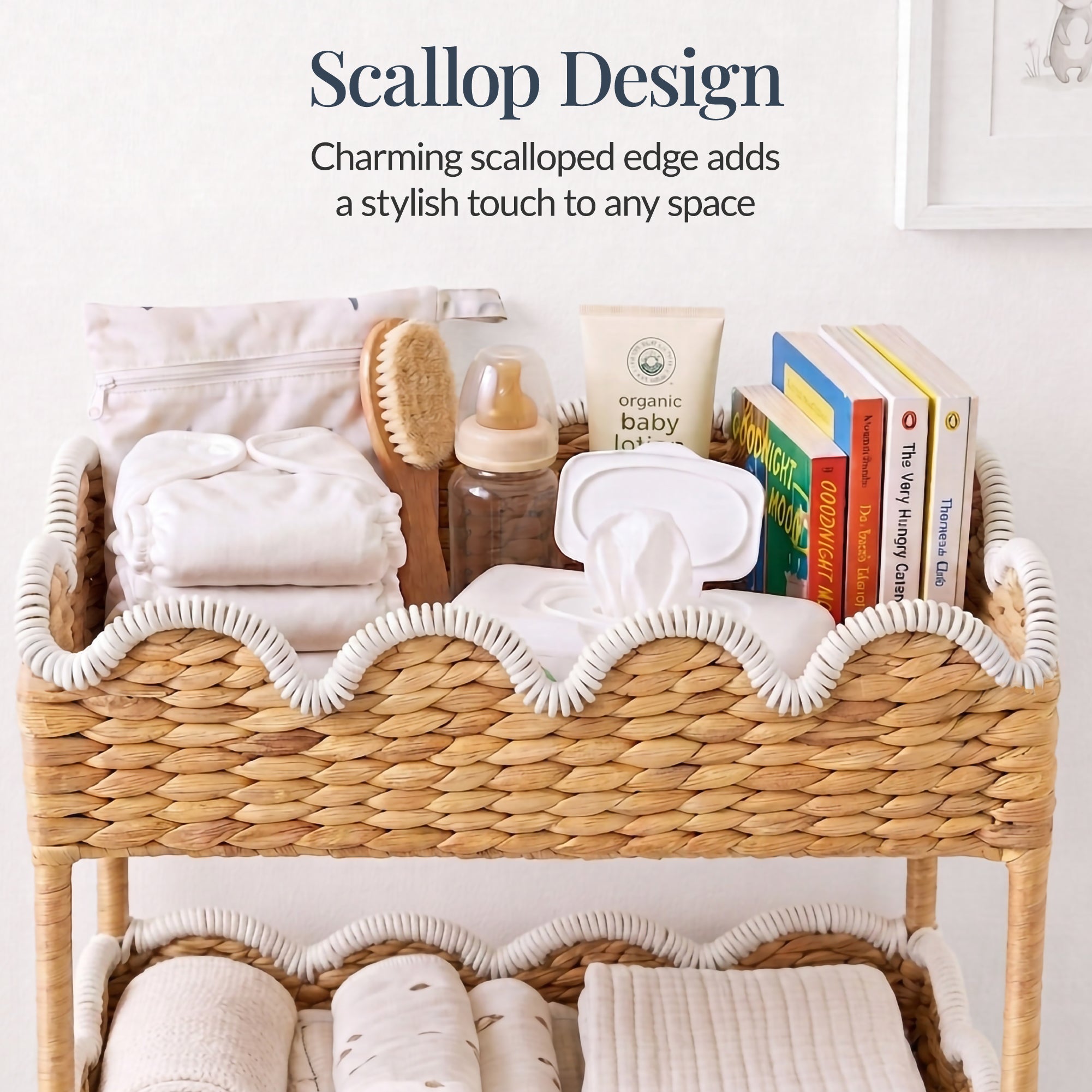 3-Tier Scalloped Rolling Nursery Caddy w/Wheels, Storage Utility Cart