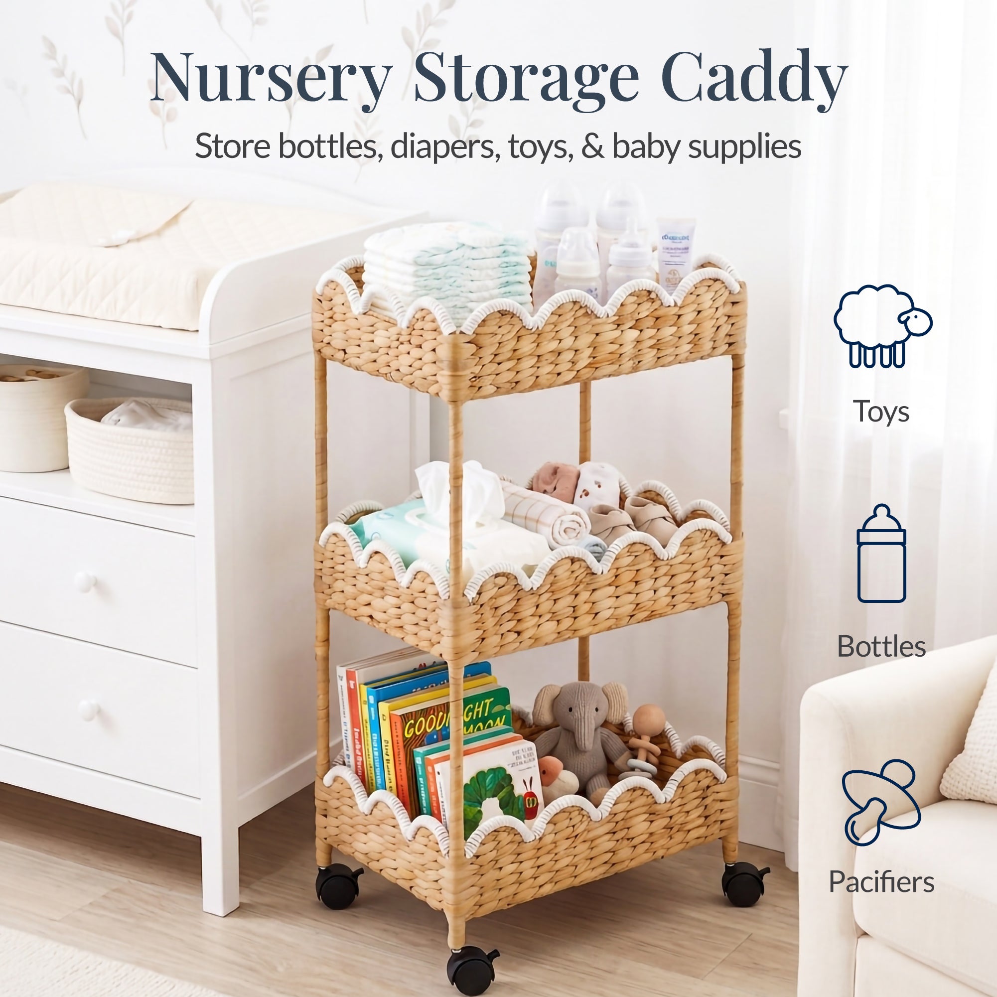 3-Tier Scalloped Rolling Nursery Caddy w/Wheels, Storage Utility Cart