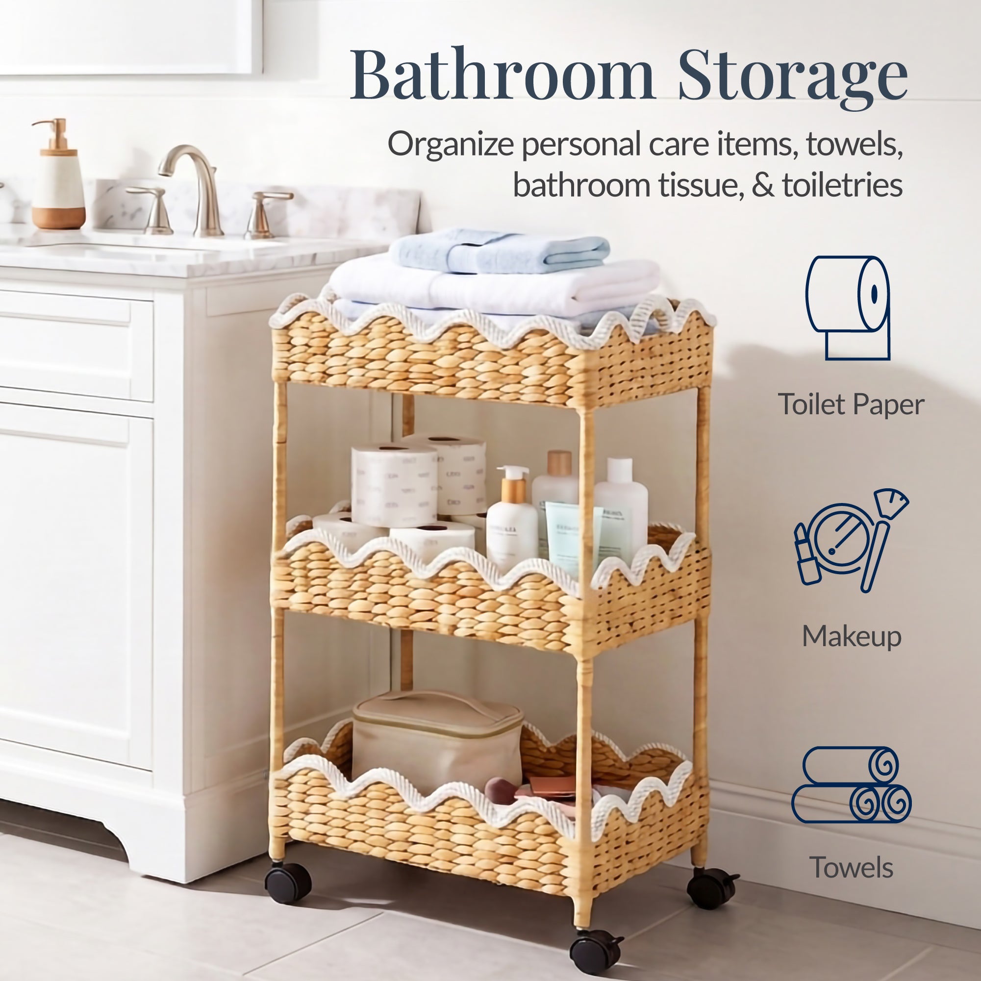 3-Tier Scalloped Rolling Nursery Caddy w/Wheels, Storage Utility Cart