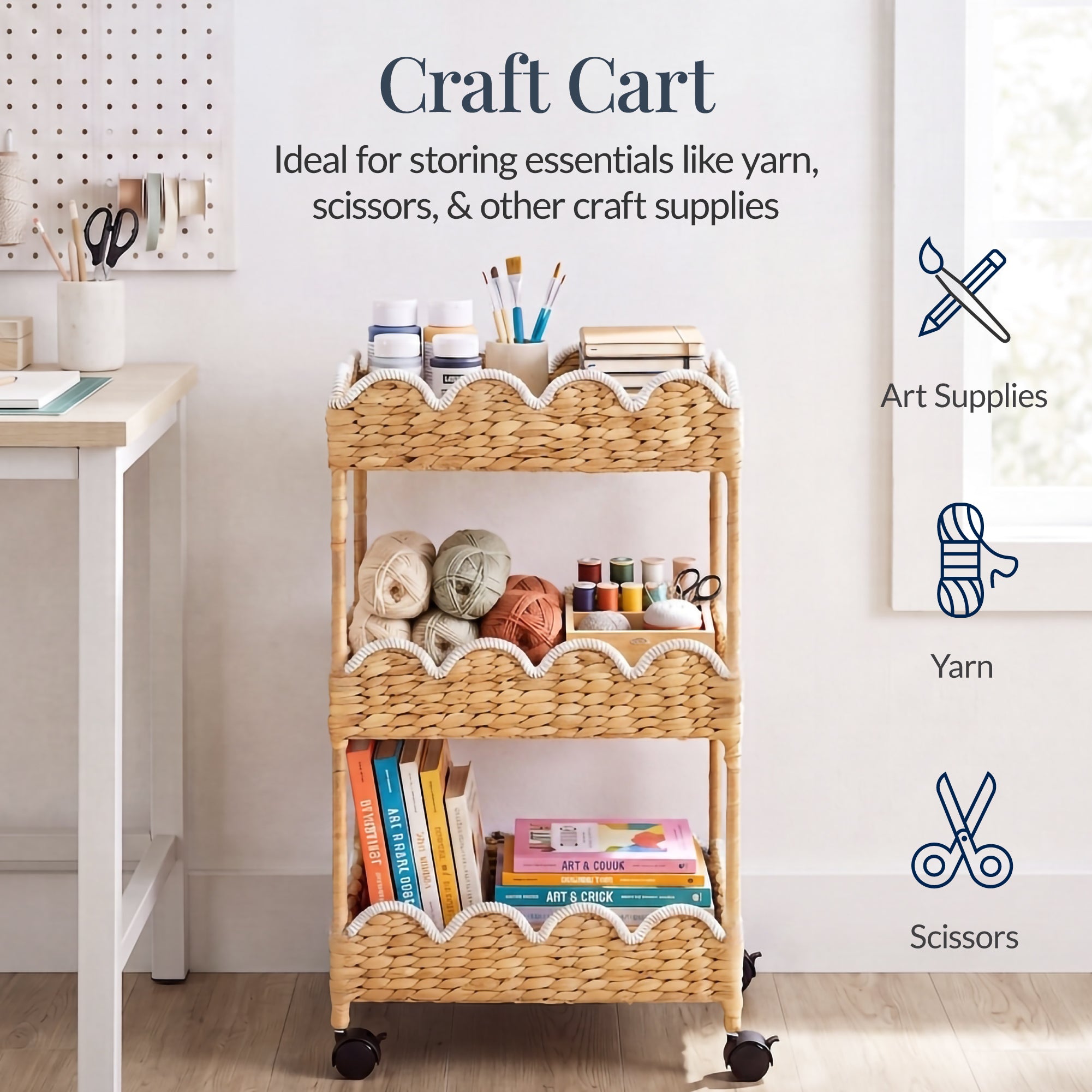 3-Tier Scalloped Rolling Nursery Caddy w/Wheels, Storage Utility Cart