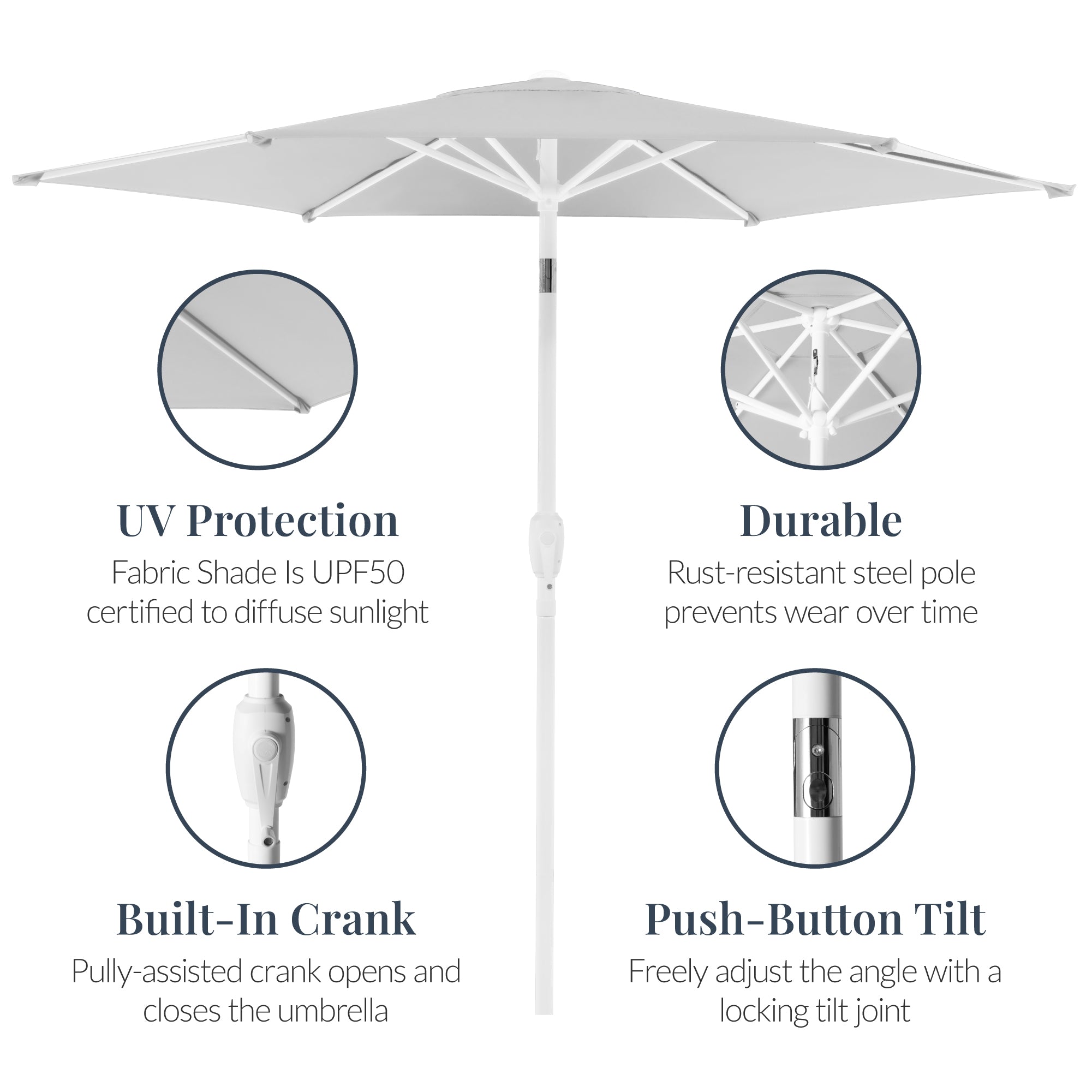 7.5ft Patio Market Umbrella with White Pole, Push Button Tilt and Crank Lift
