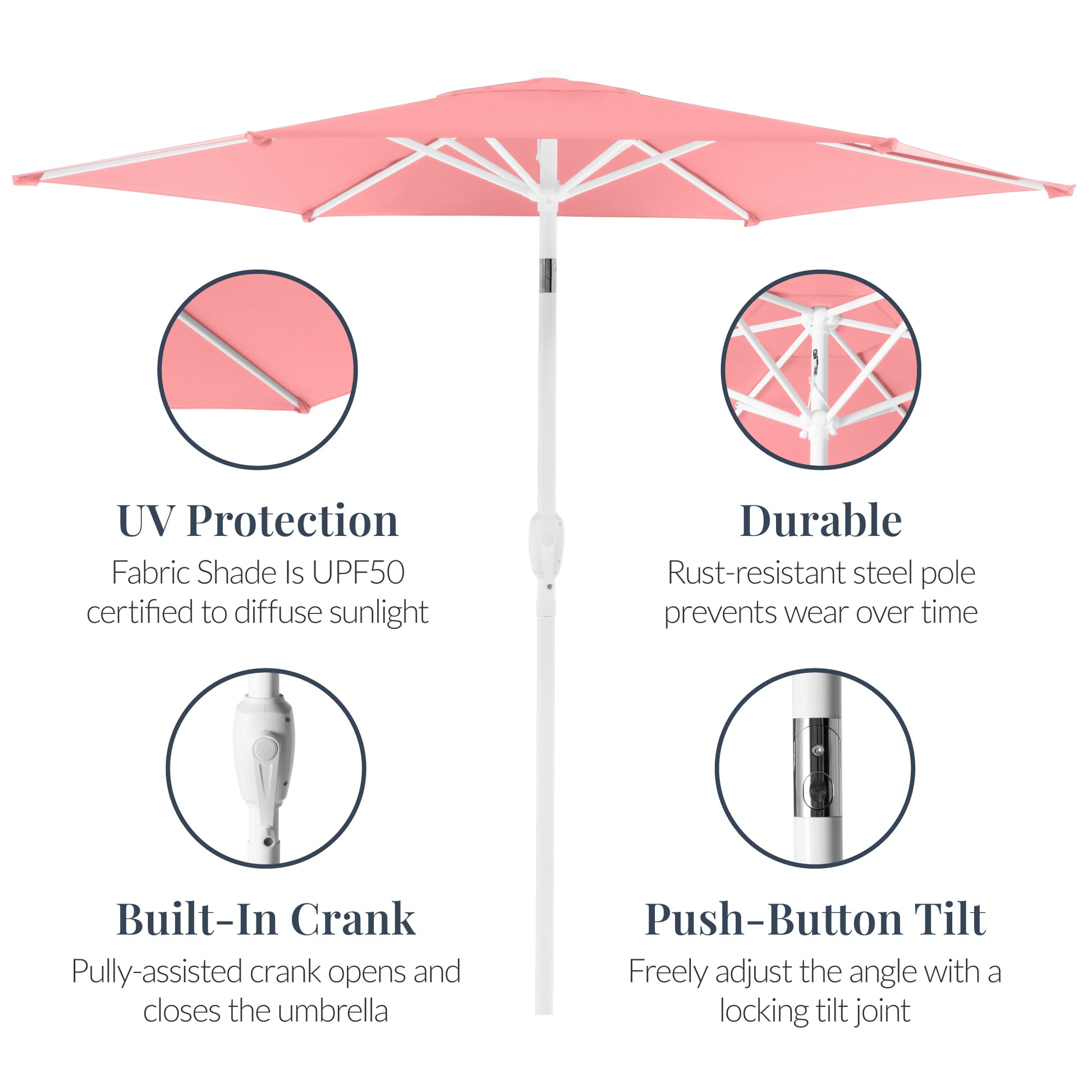 7.5ft Patio Market Umbrella with White Pole, Push Button Tilt and Cran – Best Choice Products