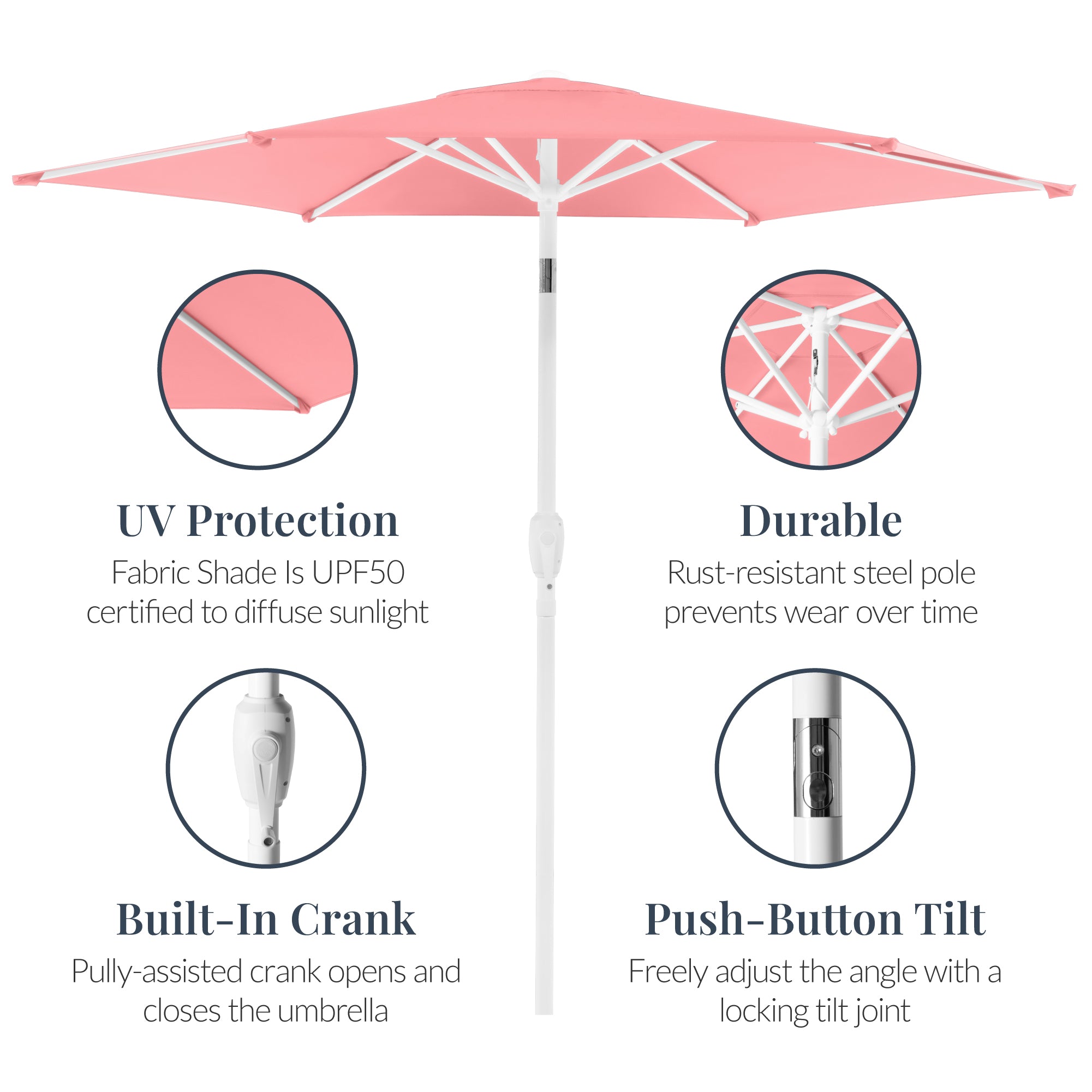 7.5ft Patio Market Umbrella with White Pole, Push Button Tilt and Crank Lift