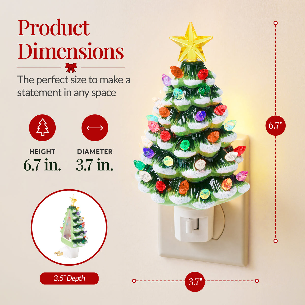 6.7in Ceramic Christmas Tree Nightlight Plug In Hand Painted Night Lamp