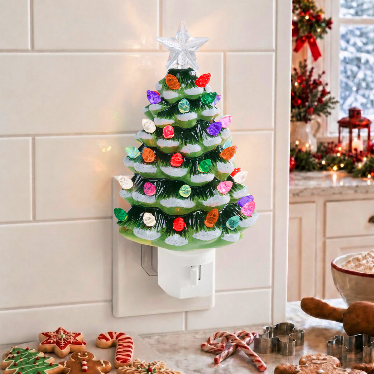 6.7in Ceramic Christmas Tree Nightlight Plug In Hand Painted Night Lamp