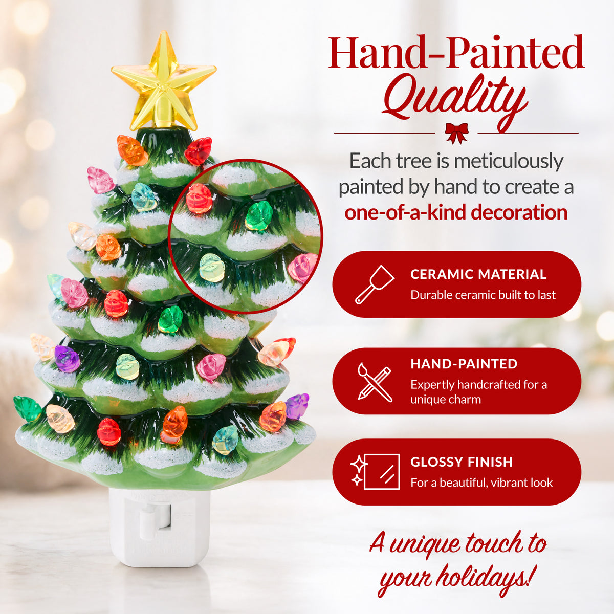 6.7in Ceramic Christmas Tree Nightlight Plug In Hand Painted Night Lamp