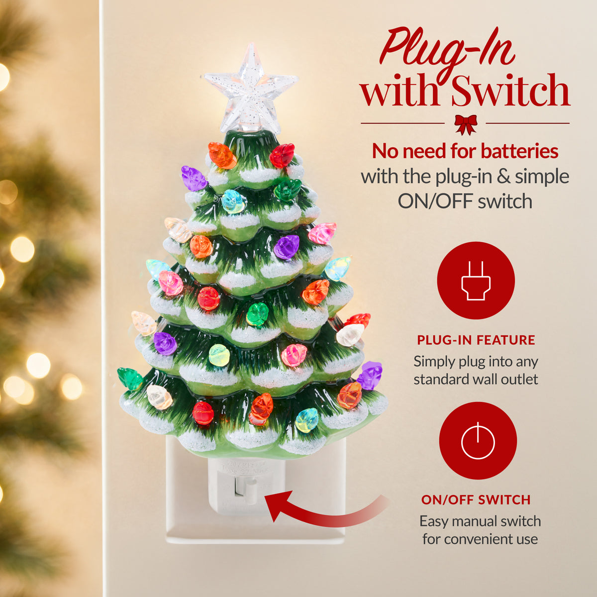 6.7in Ceramic Christmas Tree Nightlight Plug In Hand Painted Night Lamp