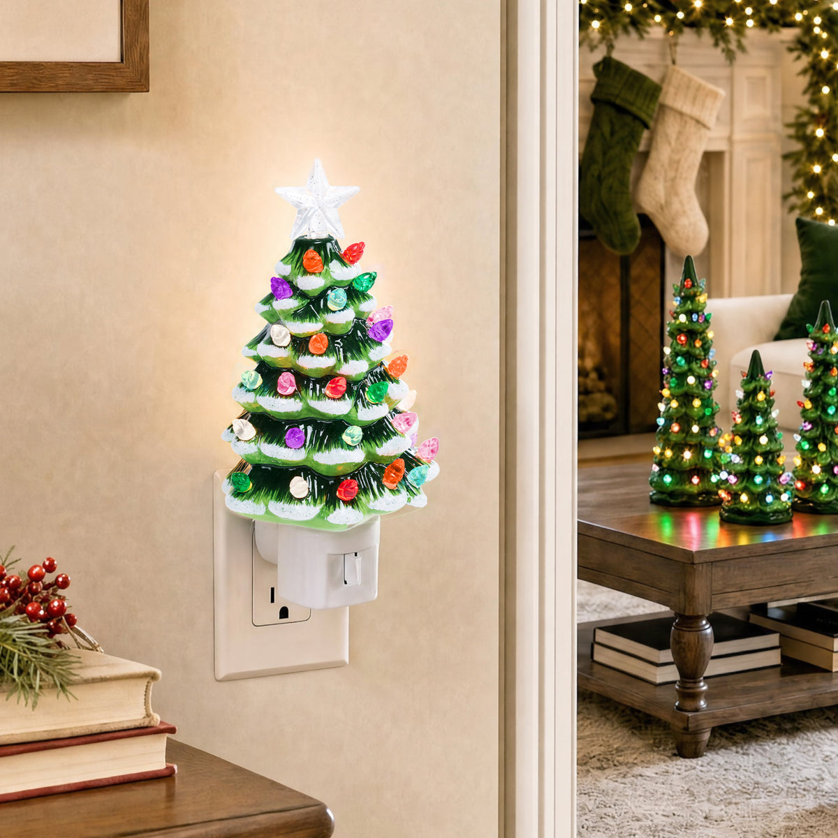 6.7in Ceramic Christmas Tree Nightlight Plug In Hand Painted Night Lamp