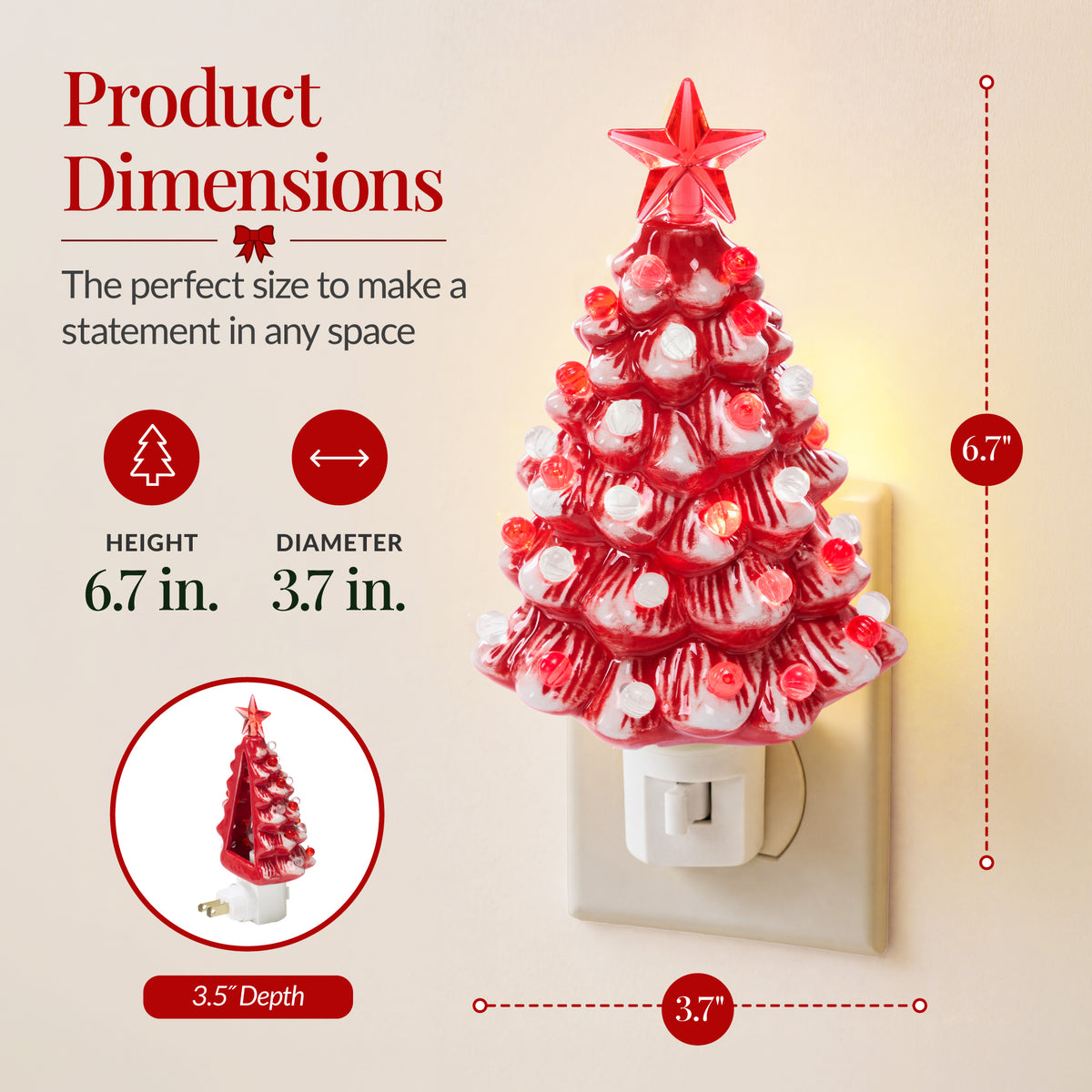 6.7in Ceramic Christmas Tree Nightlight Plug In Hand Painted Night Lamp