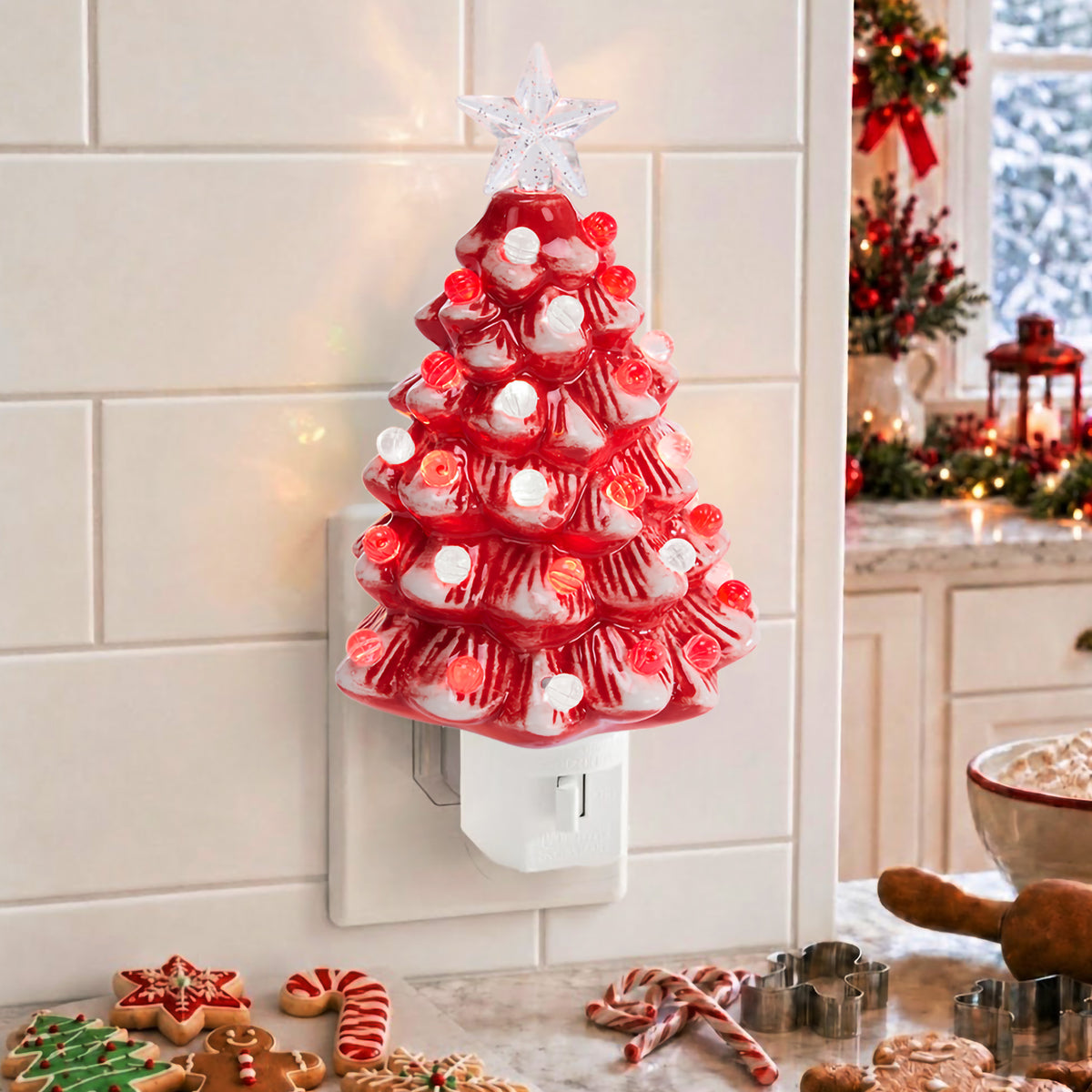 6.7in Ceramic Christmas Tree Nightlight Plug In Hand Painted Night Lamp