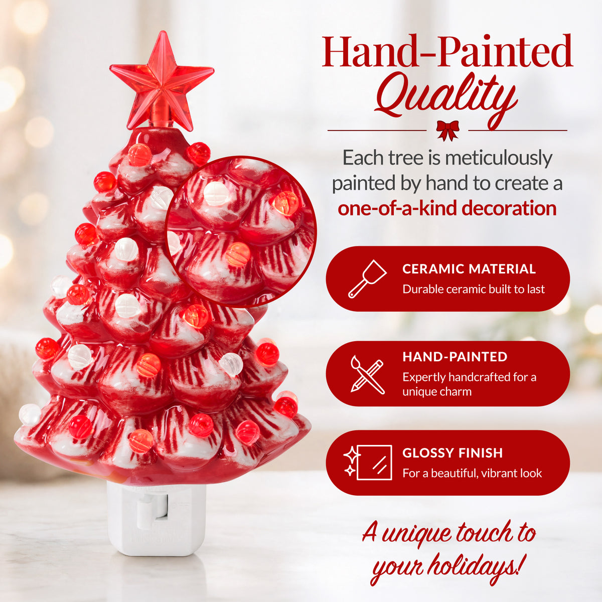 6.7in Ceramic Christmas Tree Nightlight Plug In Hand Painted Night Lamp