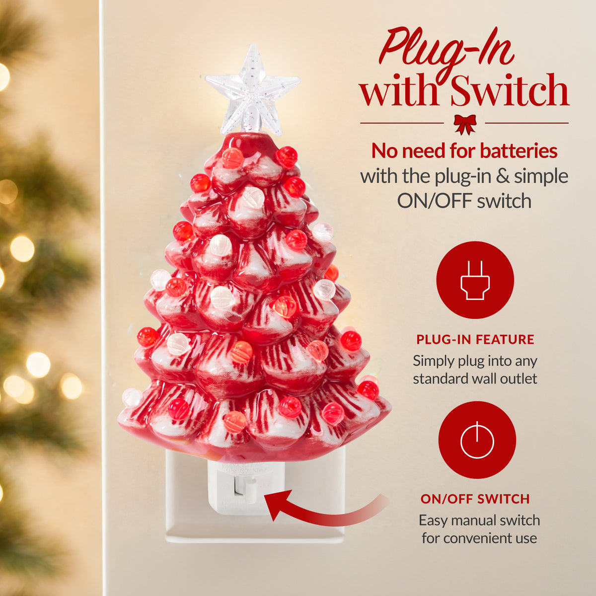 6.7in Ceramic Christmas Tree Nightlight Plug In Hand Painted Night Lamp
