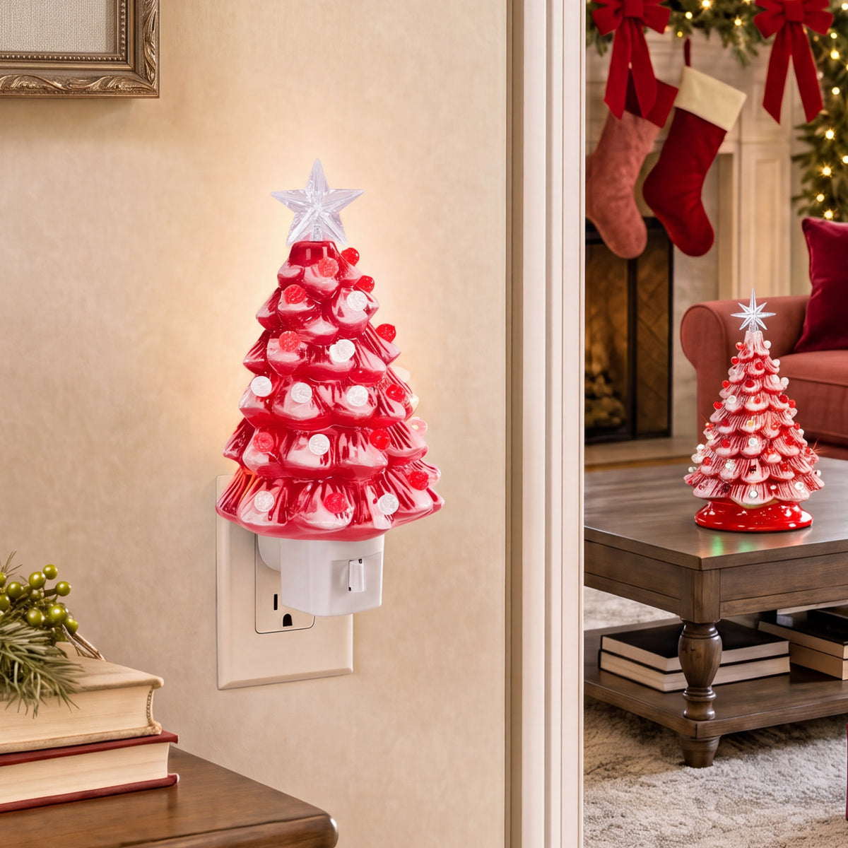 6.7in Ceramic Christmas Tree Nightlight Plug In Hand Painted Night Lamp