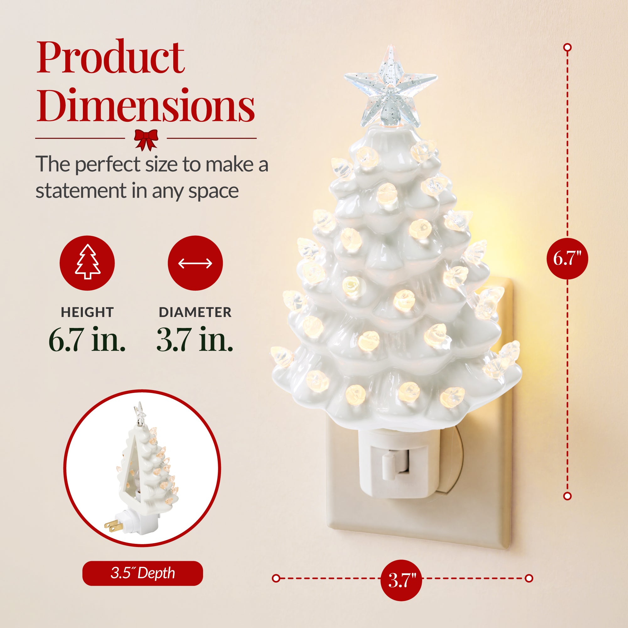 6.7in Ceramic Christmas Tree Nightlight Plug In Hand Painted Night Lamp