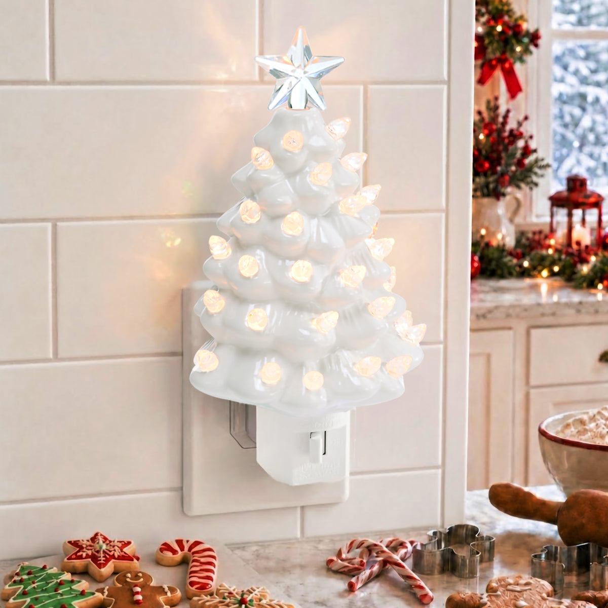 6.7in Ceramic Christmas Tree Nightlight Plug In Hand Painted Night Lamp