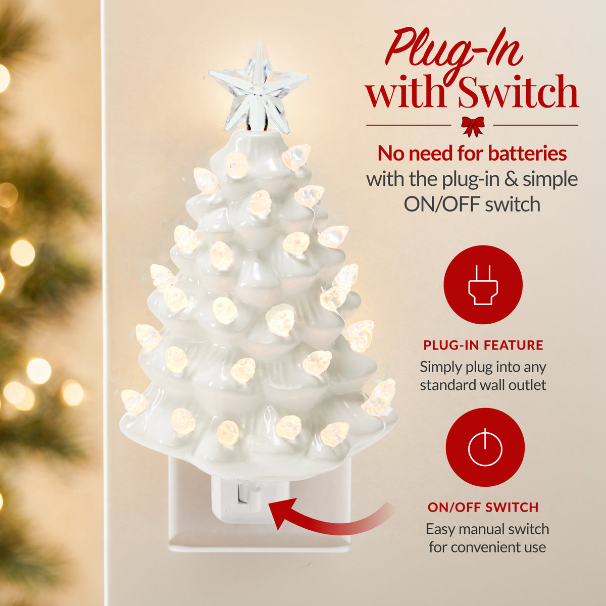 6.7in Ceramic Christmas Tree Nightlight Plug In Hand Painted Night Lamp