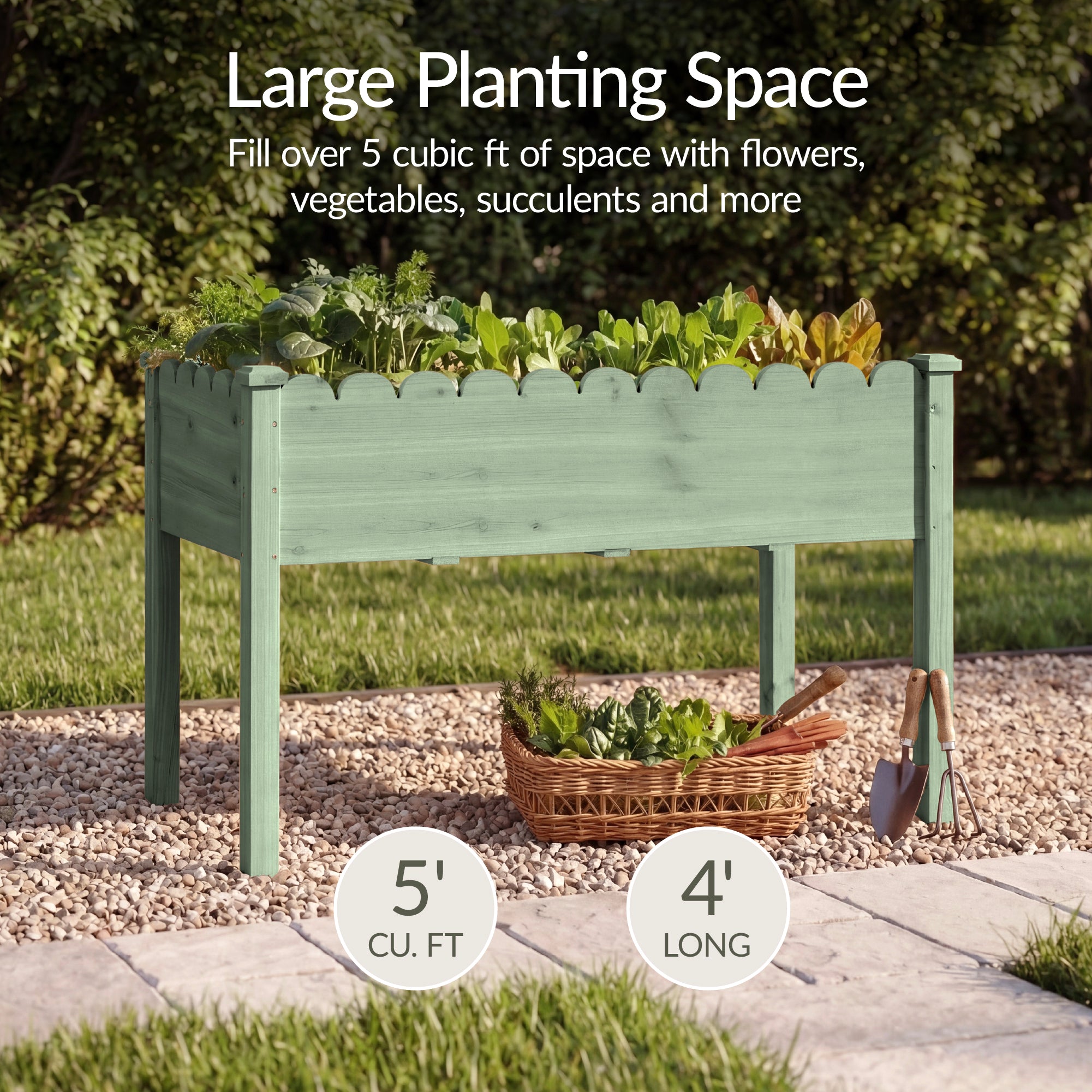Raised Garden Bed, Scalloped Elevated Wooden Planter Box - 48x24x30in
