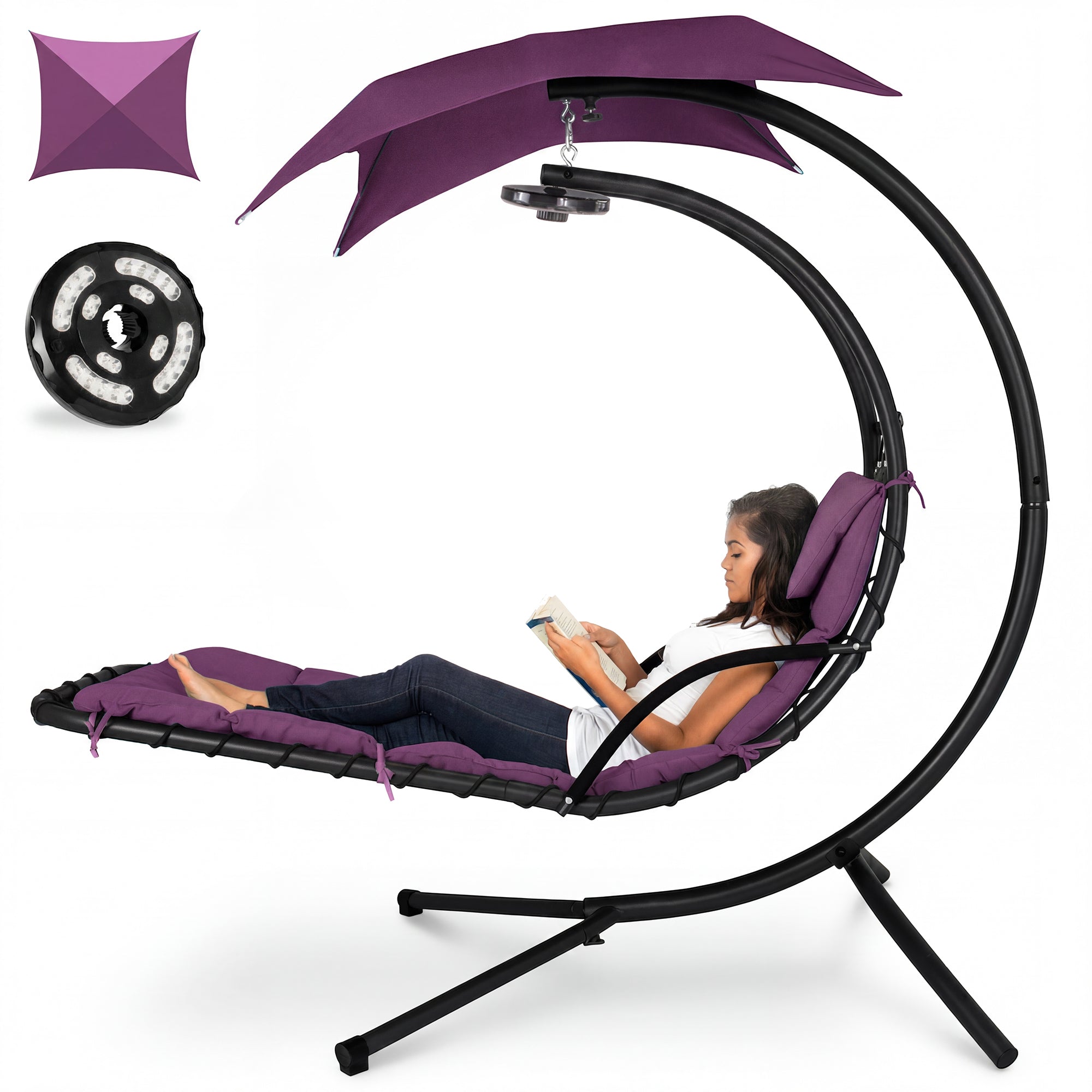 Hanging LED-Lit Curved Chaise Lounge Chair w/ Pillow, Canopy, Stand