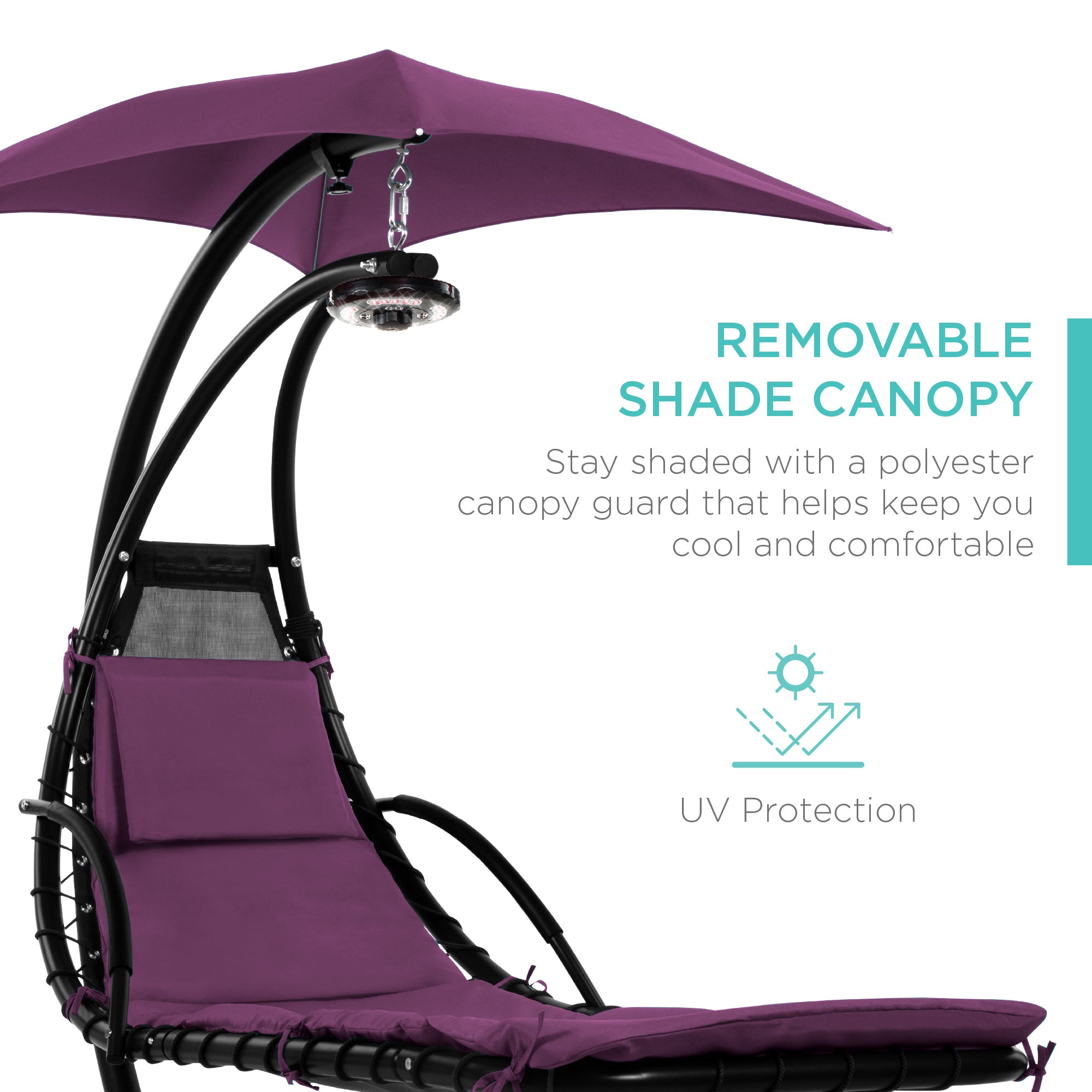 Hanging LED-Lit Curved Chaise Lounge Chair w/ Pillow, Canopy, Stand